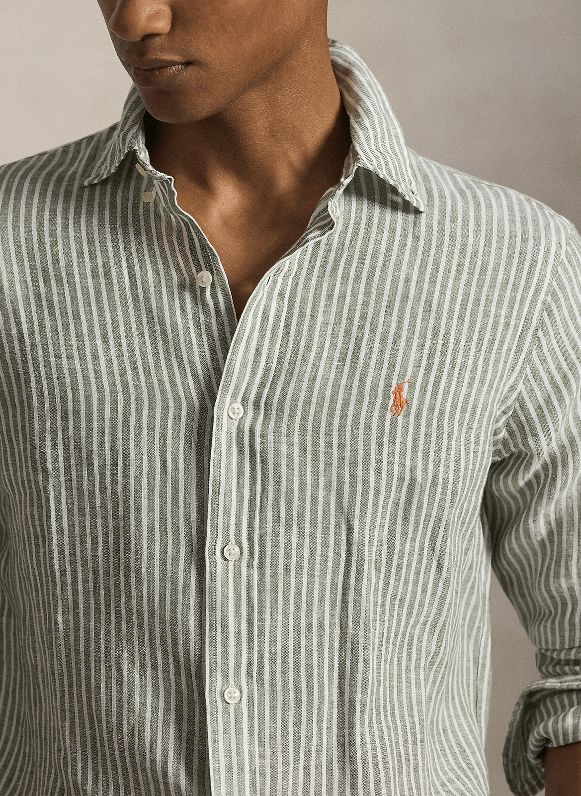Camisa recta cuello clásico de lino a rayas POLO RALPH LAUREN Verde