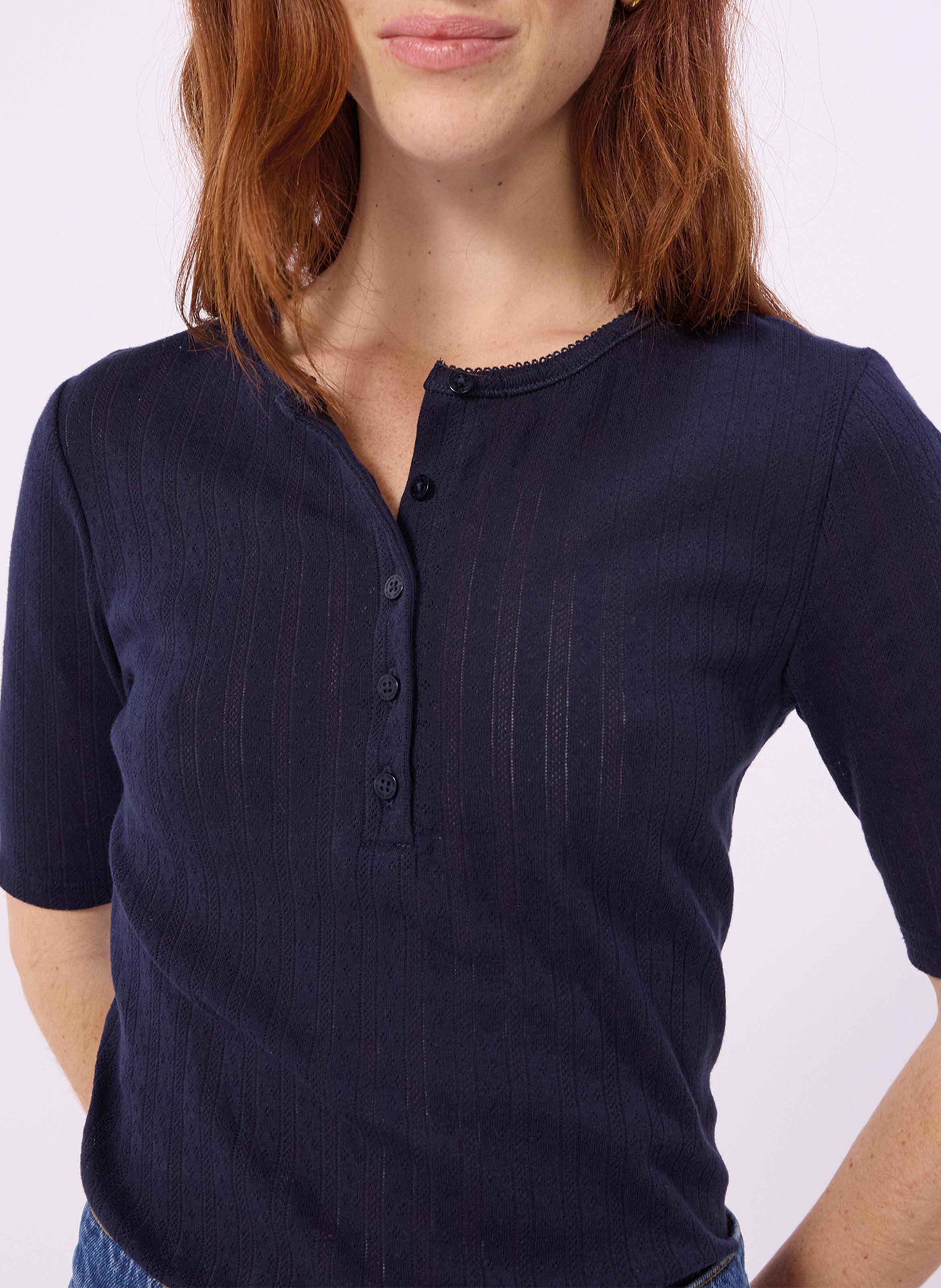 Top met knoopsluiting in pointelle-gebreide stof PETIT BATEAU Blauw