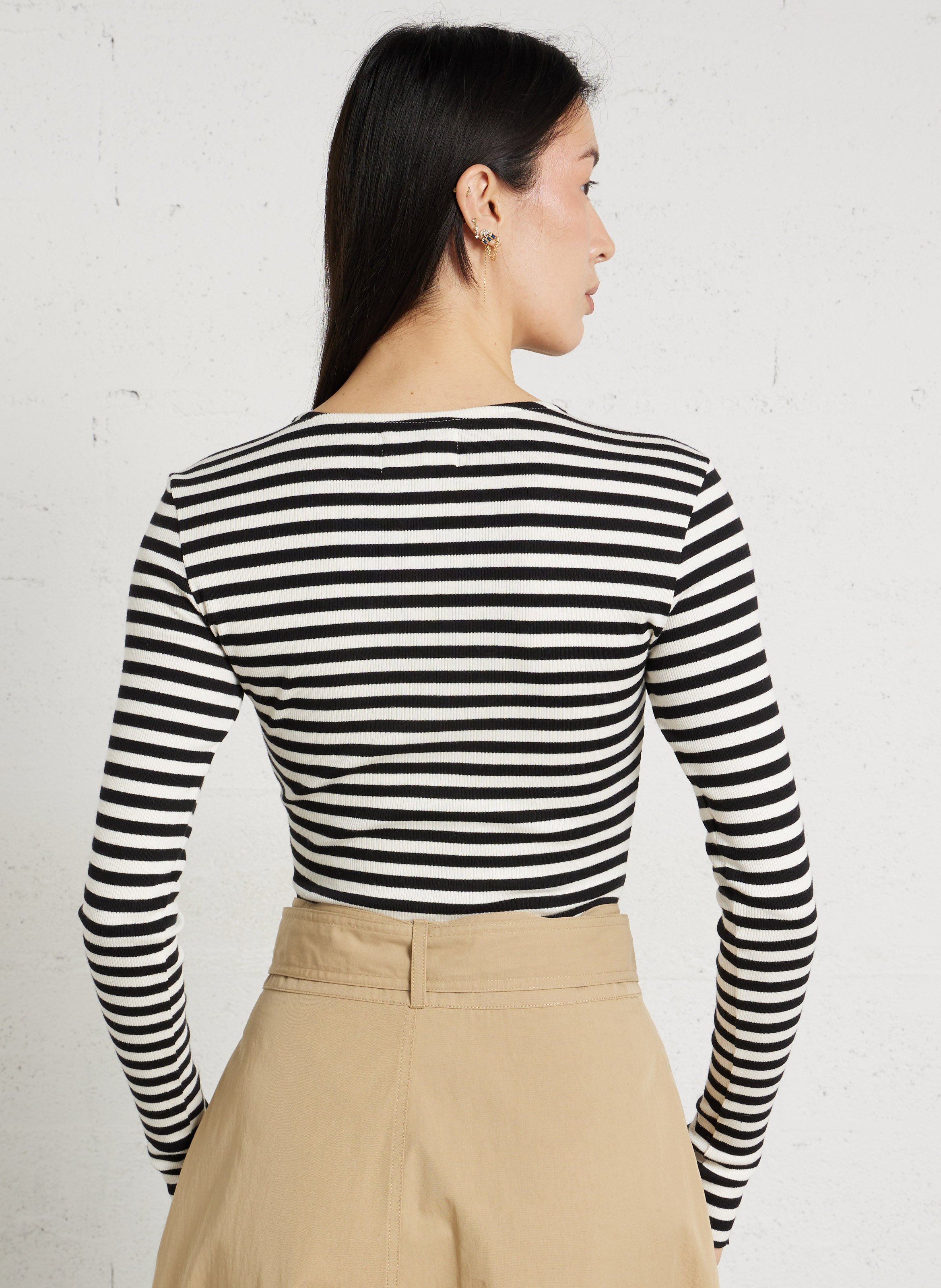 Long-sleeved fitted striped top DES PETITS HAUTS Black