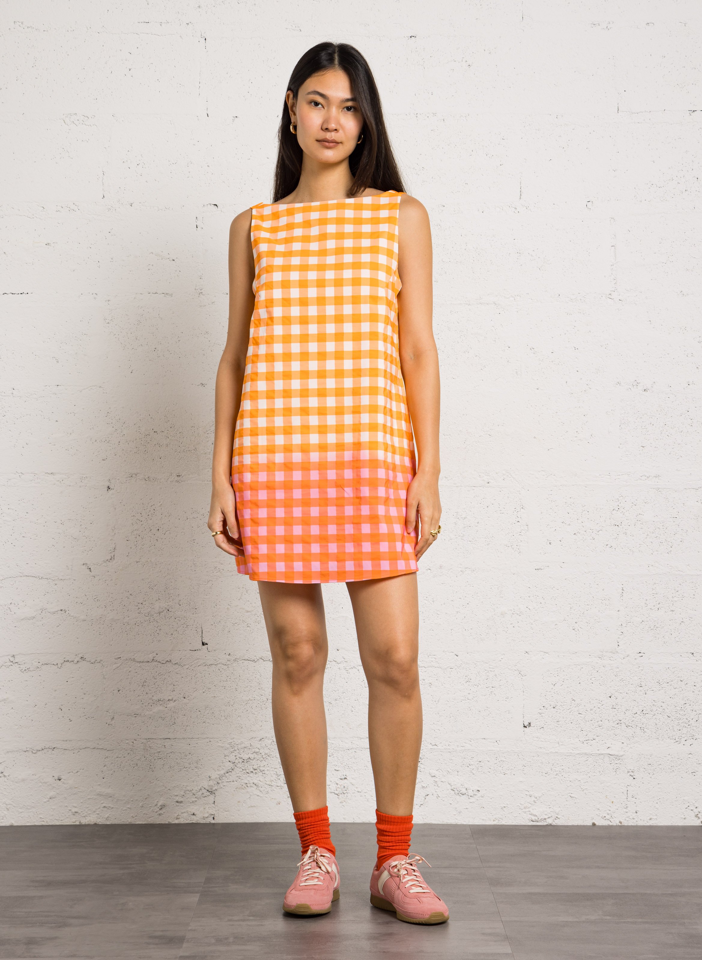 Langes, bedrucktes Kleid mit Rundhalsausschnitt DR BLOOM Orange