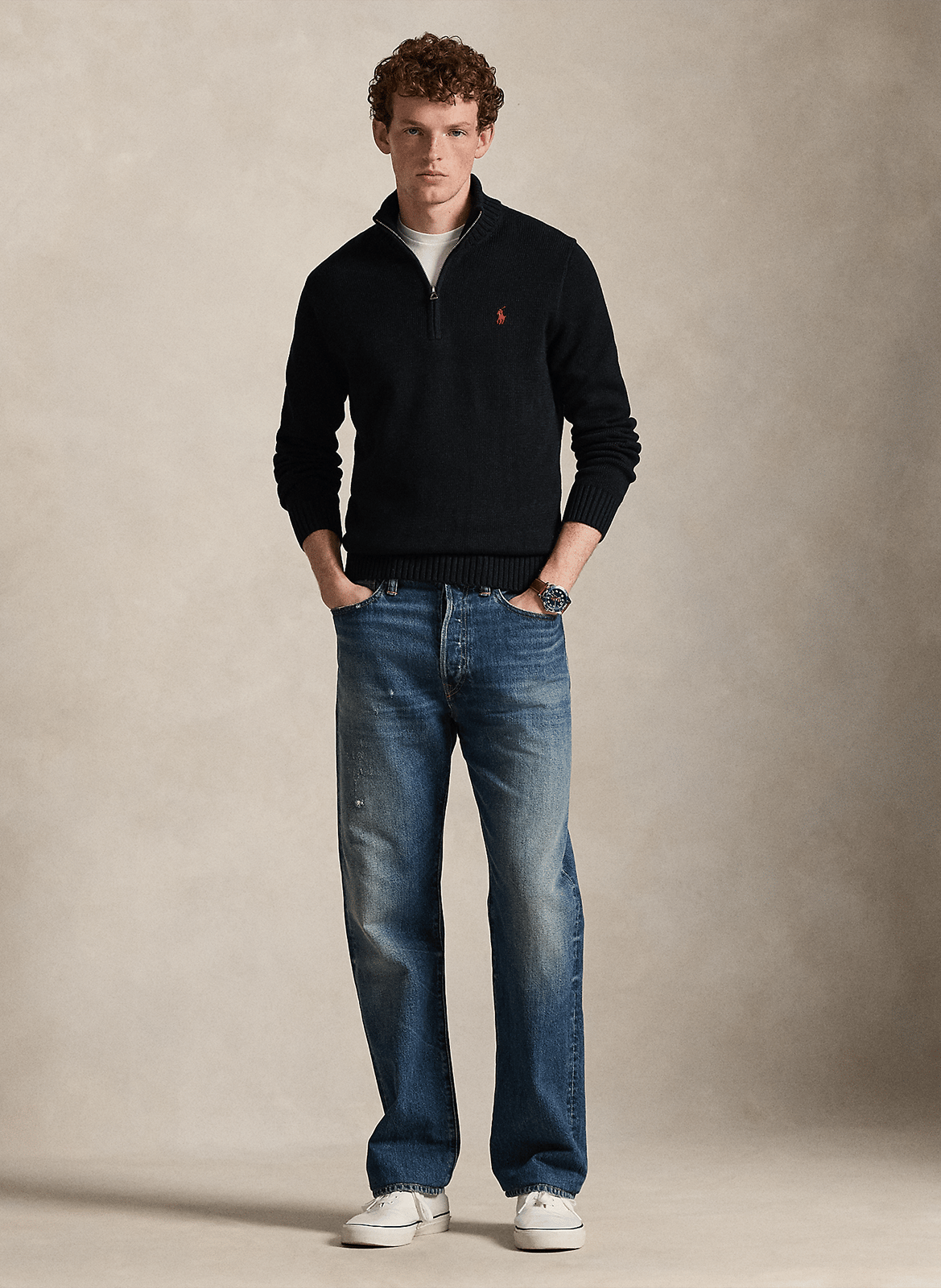 Pull col zippé en coton POLO RALPH LAUREN Noir