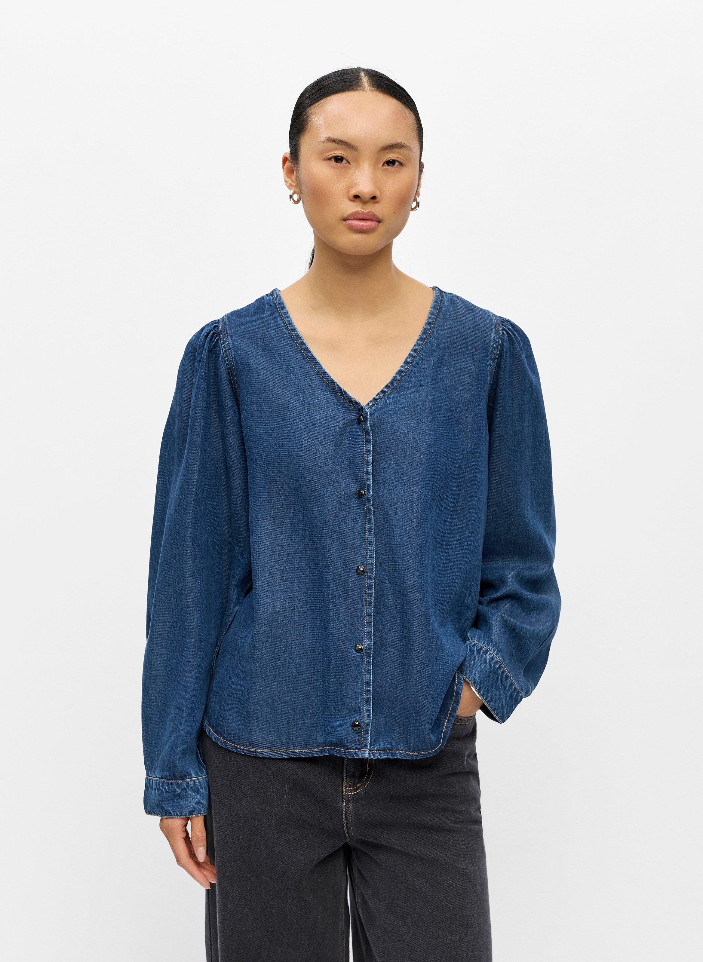 Weites Blusenshirt mit V-Ausschnitt OBJECT Blau
