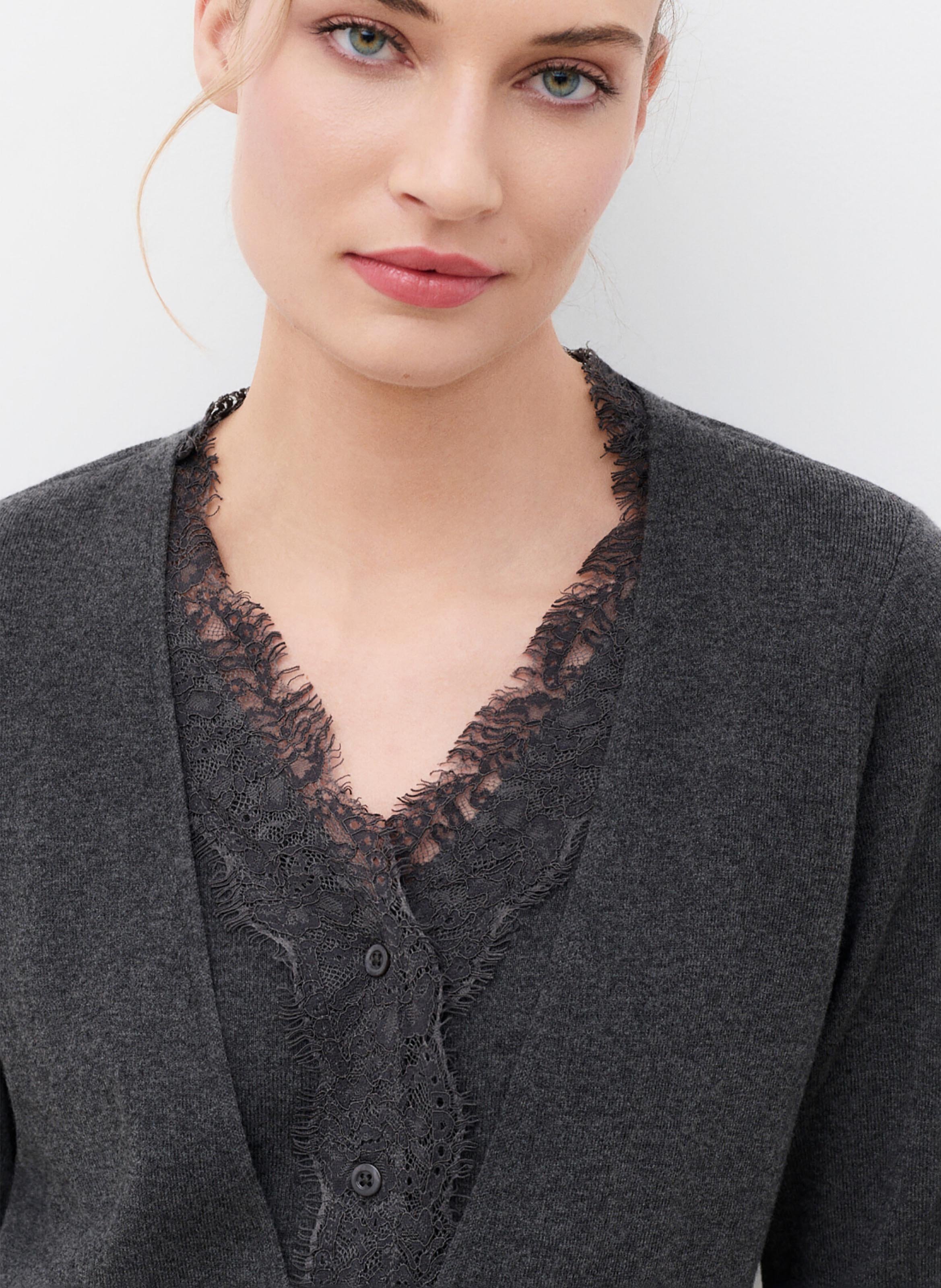 V-Ausschnitt-Wollmischungsgilet mit Spitze | Grau CAROLL Damen