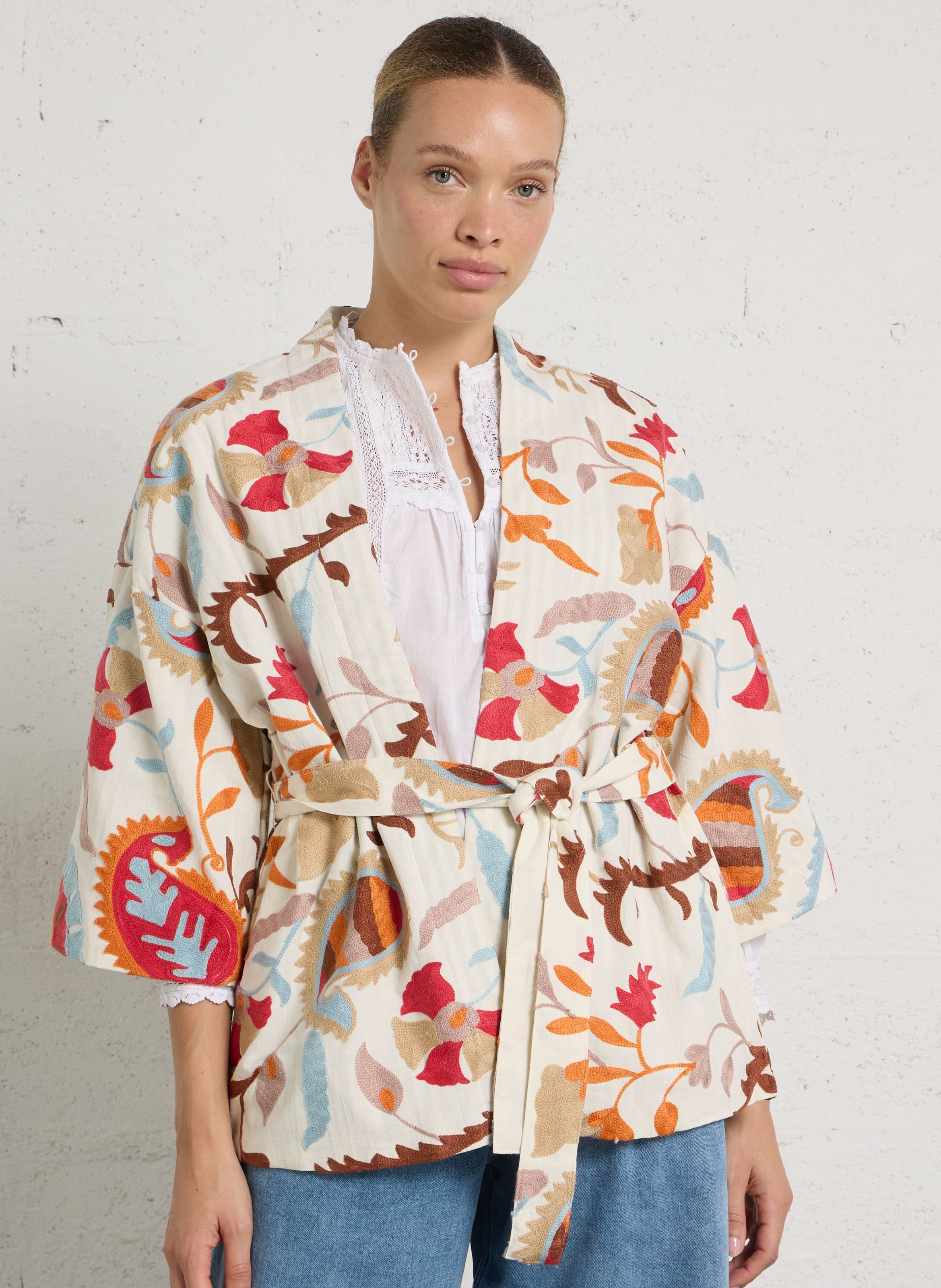 Kimono recht kort van katoen en linnen SUD EXPRESS Veelkleurig