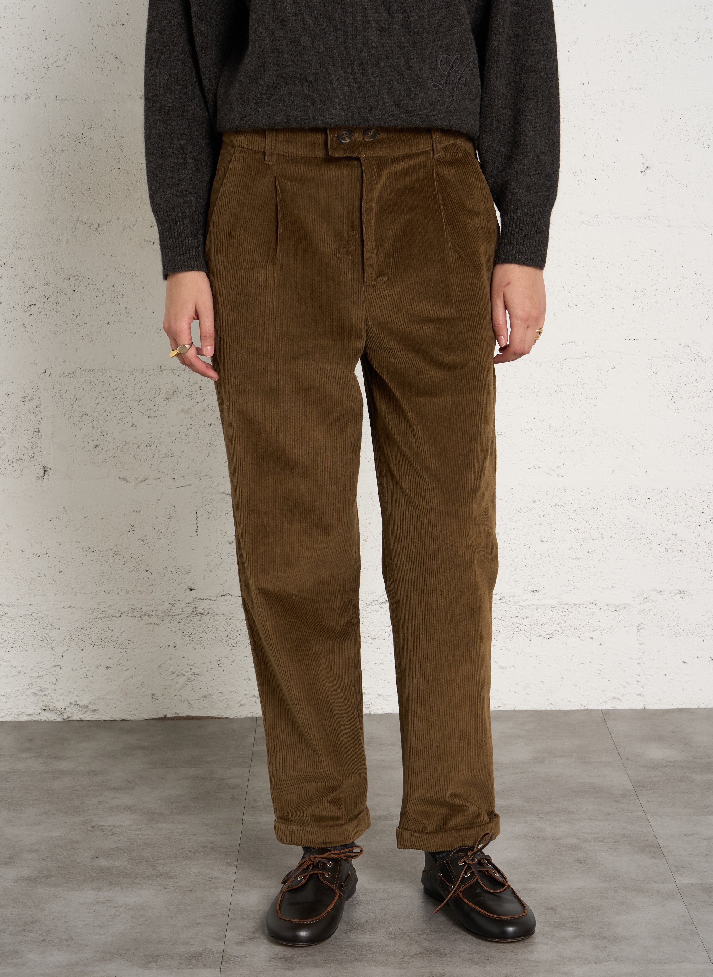 Pantalon large velours côtelé en coton mélangé LEON & HARPER Marron