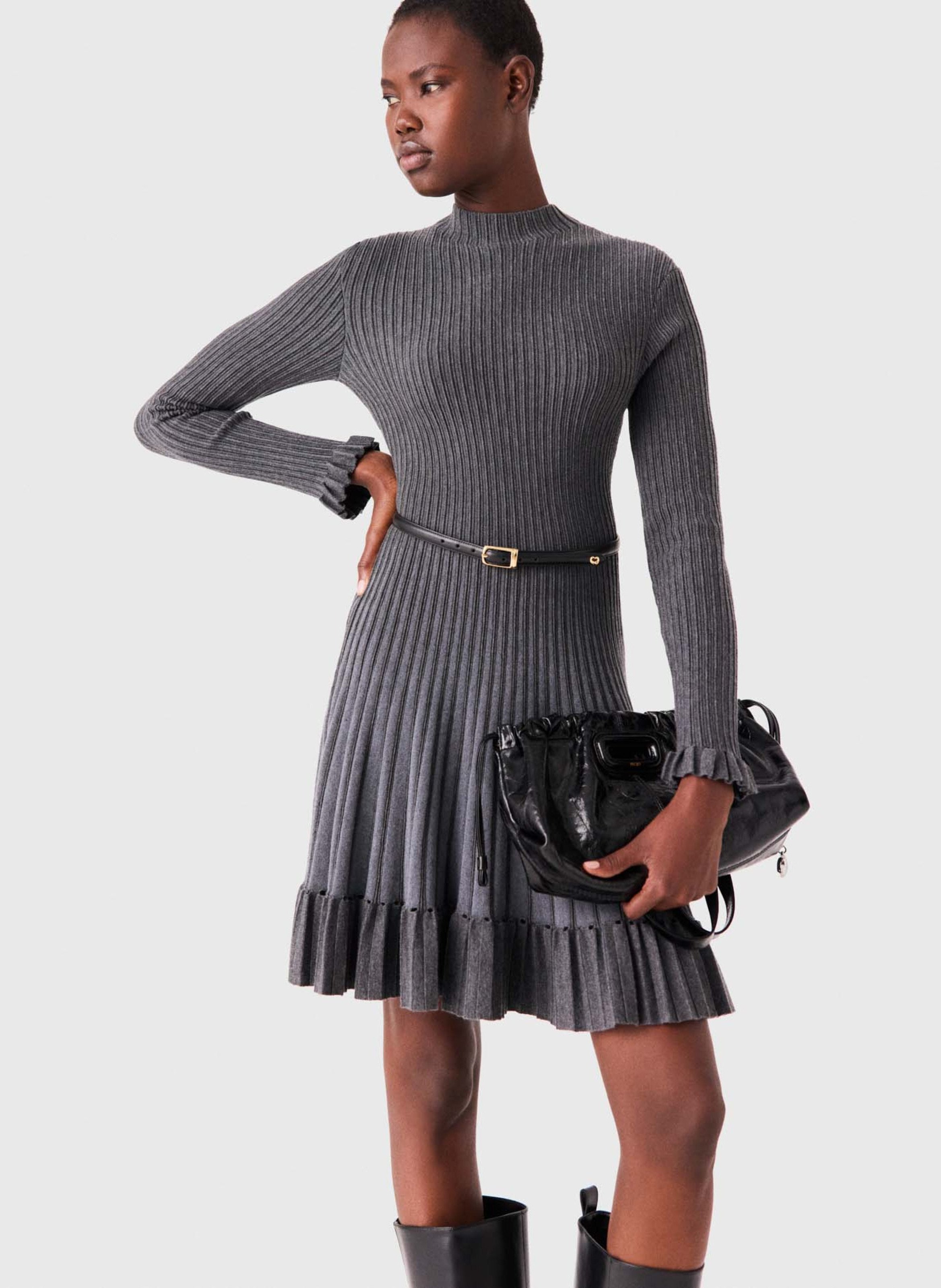 Fitted flared dress with round pleated neckline MAJE Grey