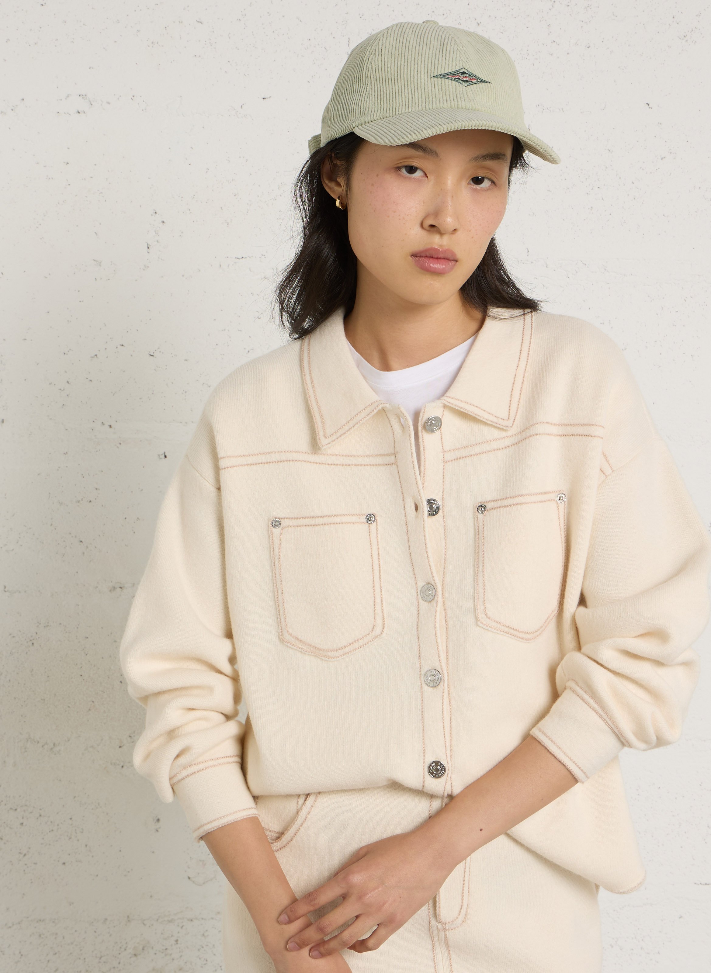 Cardigan ample à surpiqûres en laine BERENICE Blanc