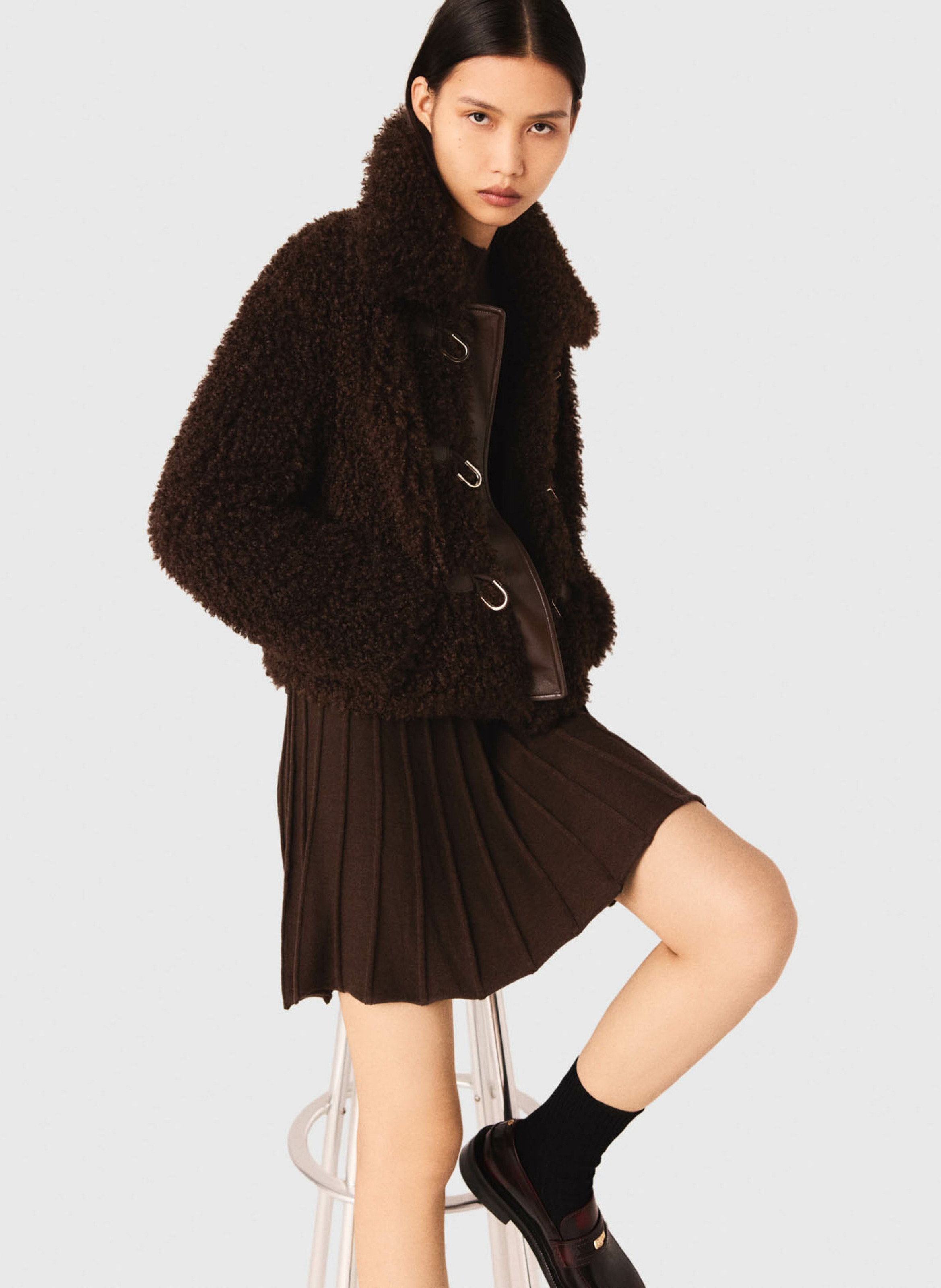 Veste col classique en fausse fourrure MAJE Marron