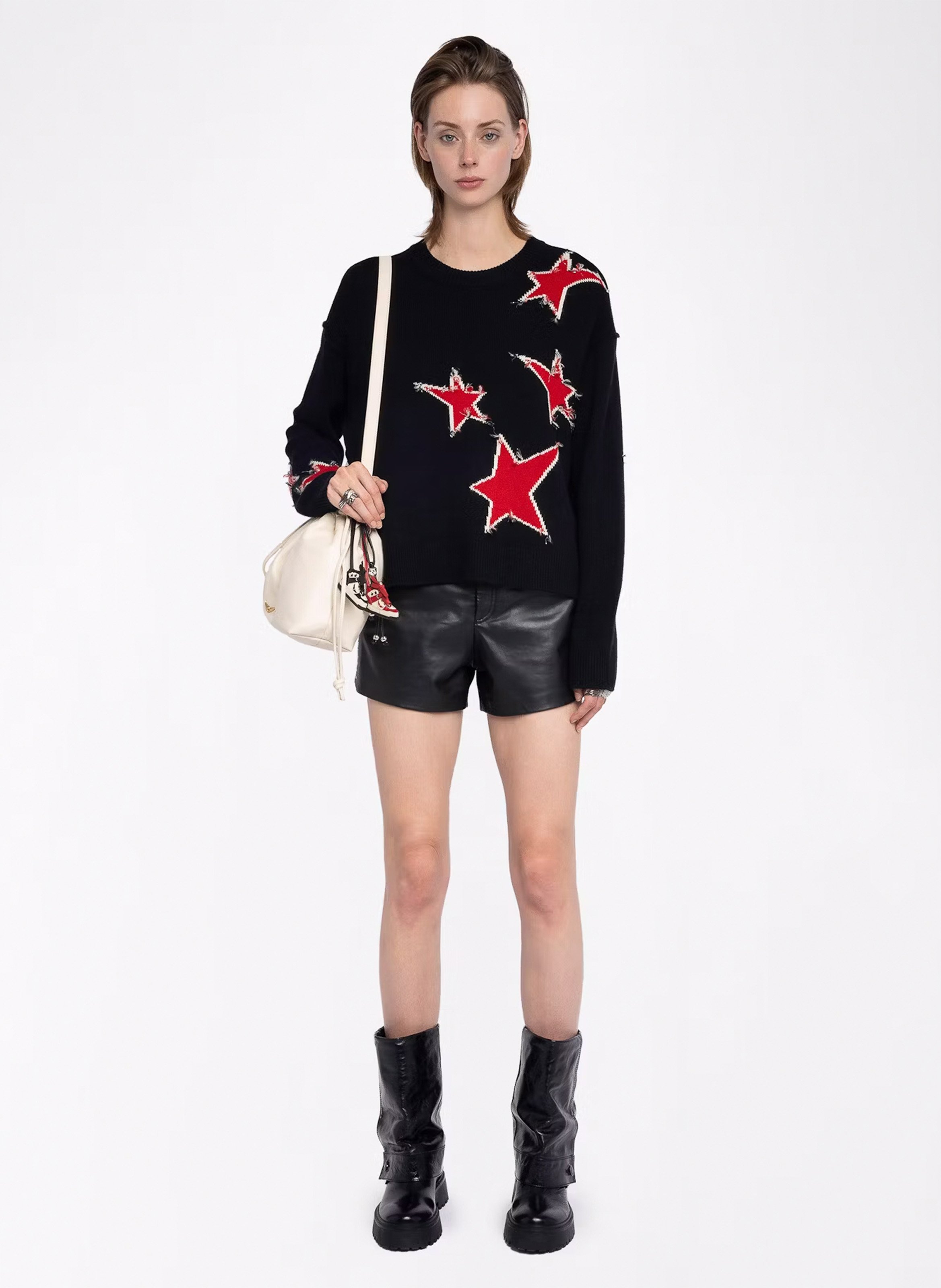 Round neck sweater with distressed star effects in cashmere ZADIG&VOLTAIRE Black