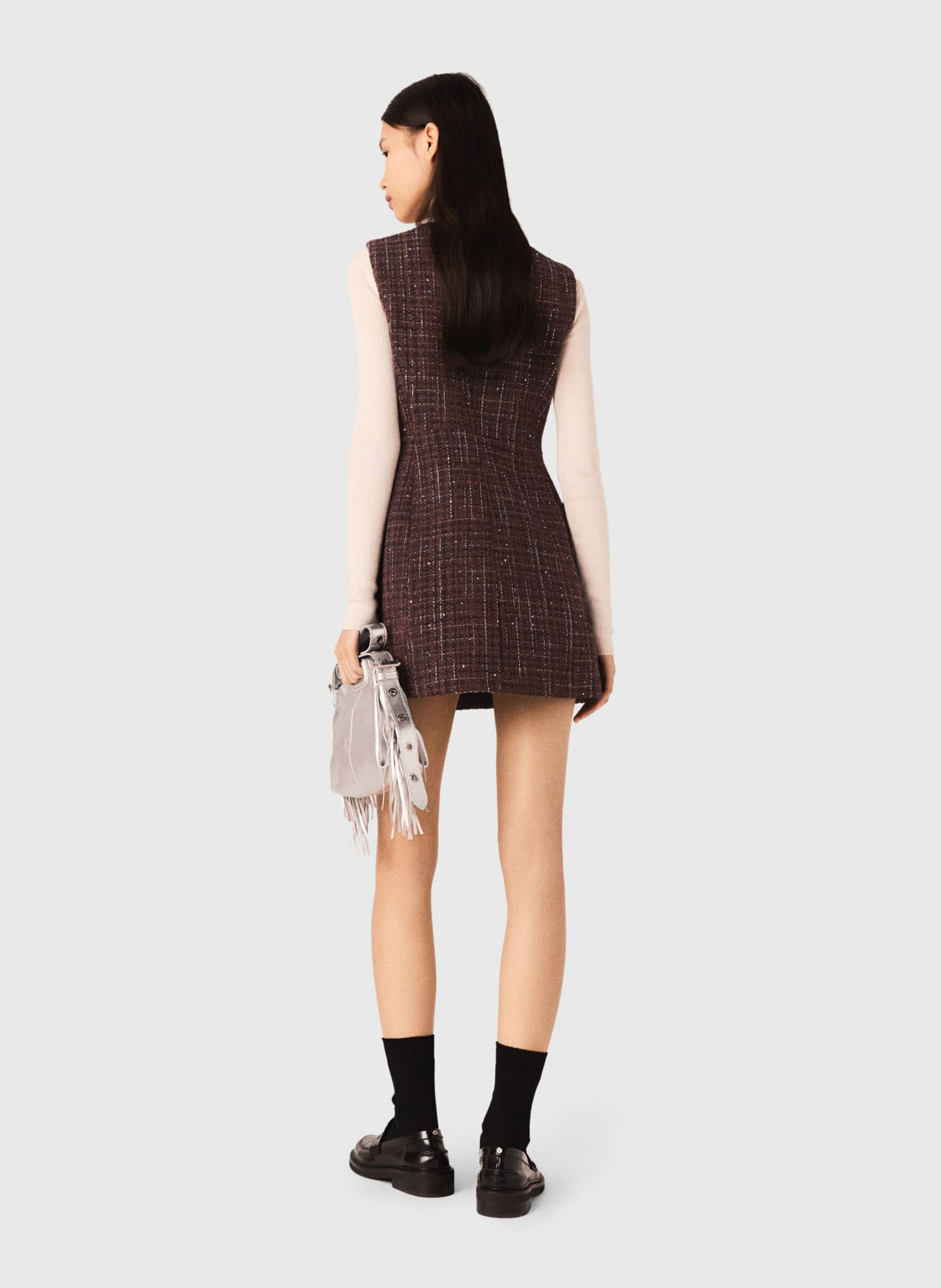 Robe courte en tweed col V MAJE Marron