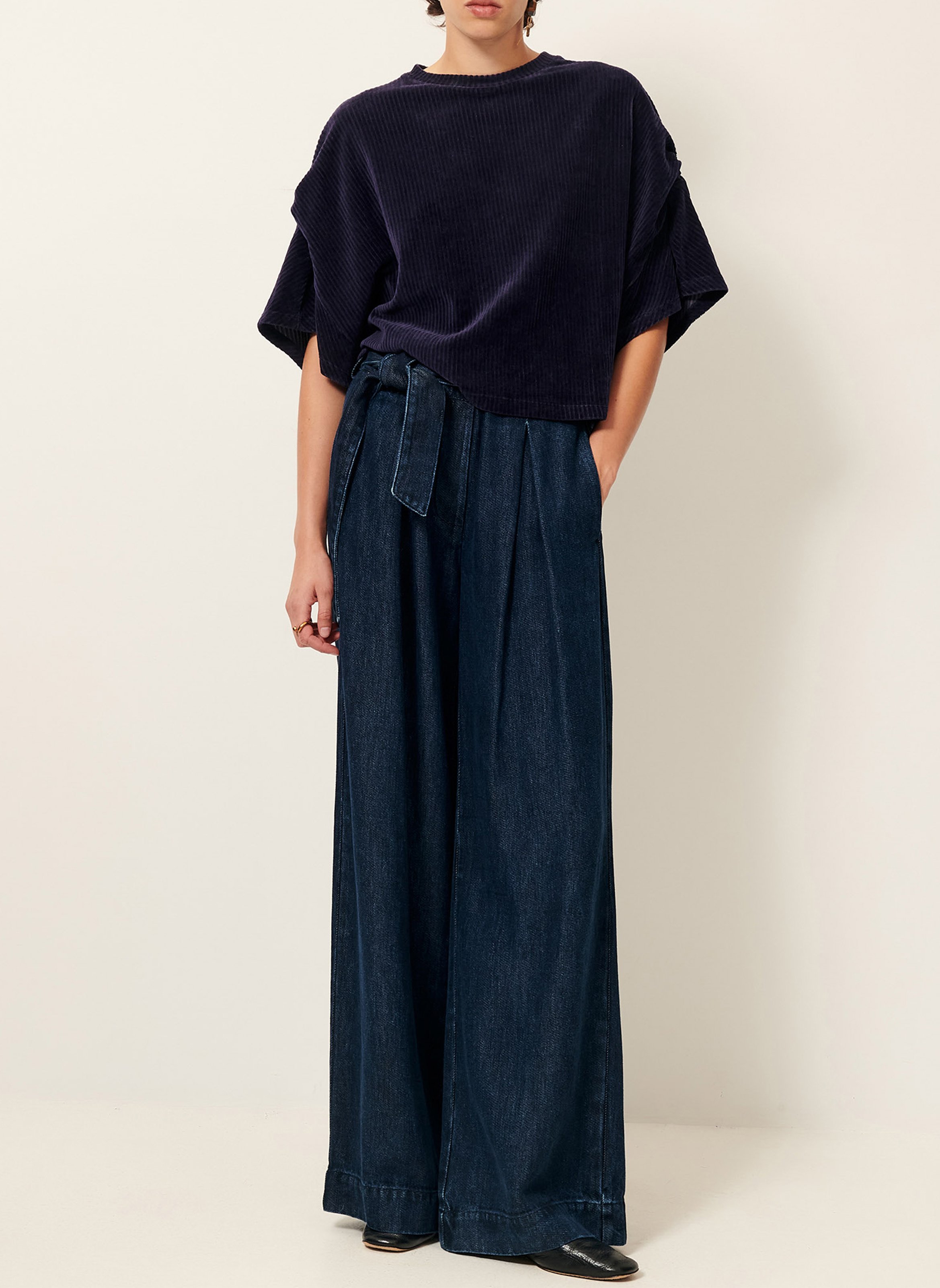 Top ample col rond en coton mélangé SESSUN Bleu