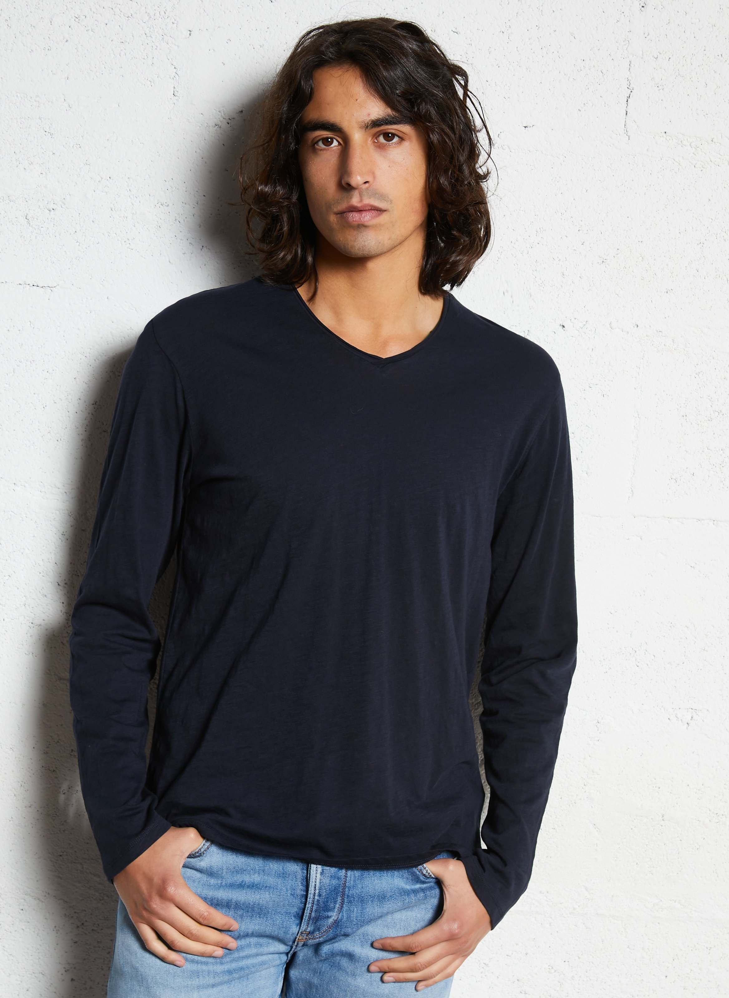 Straight V-neck cotton t-shirt IKKS Blue