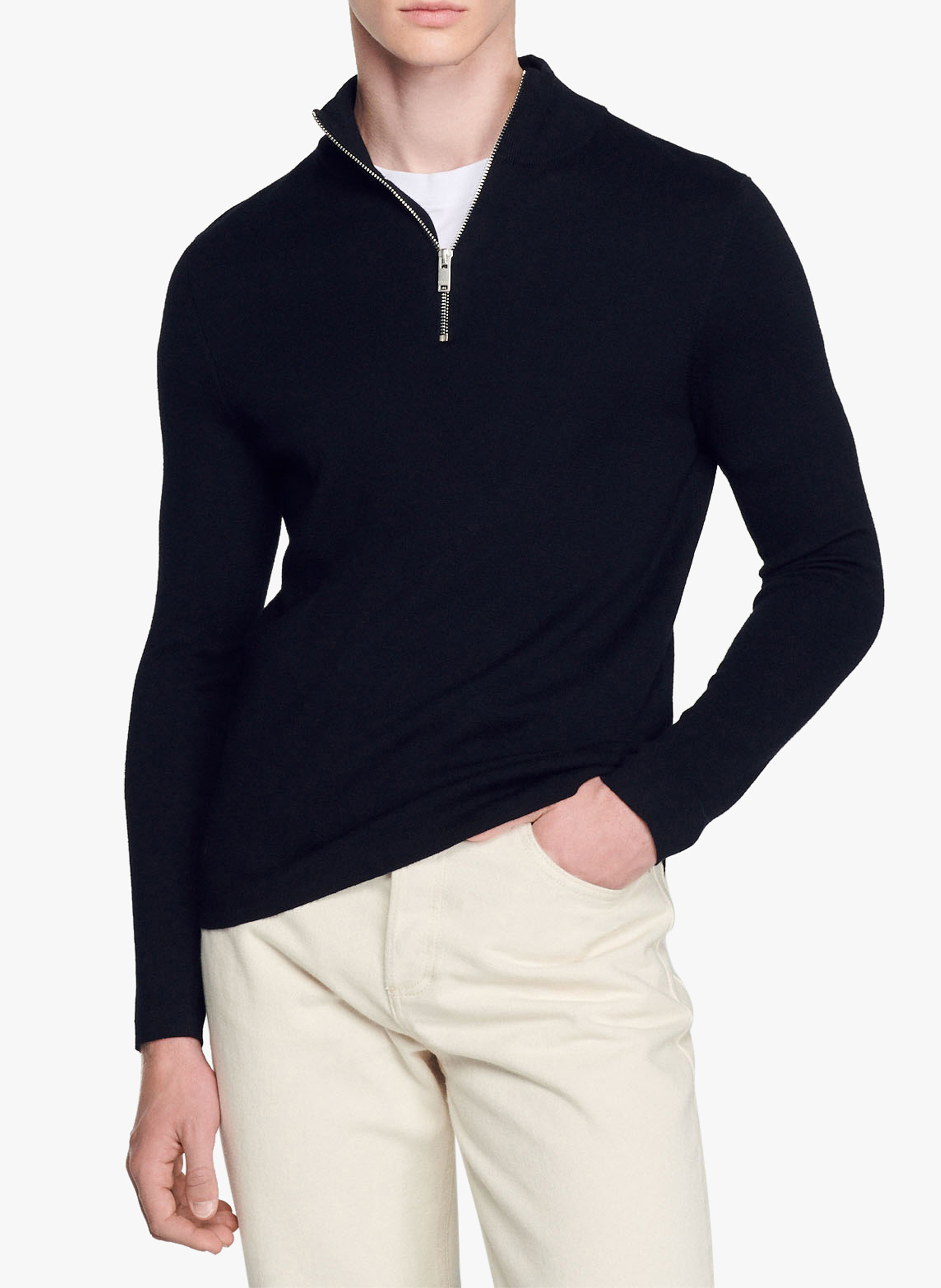 Pull col montant zippé en laine SANDRO Noir
