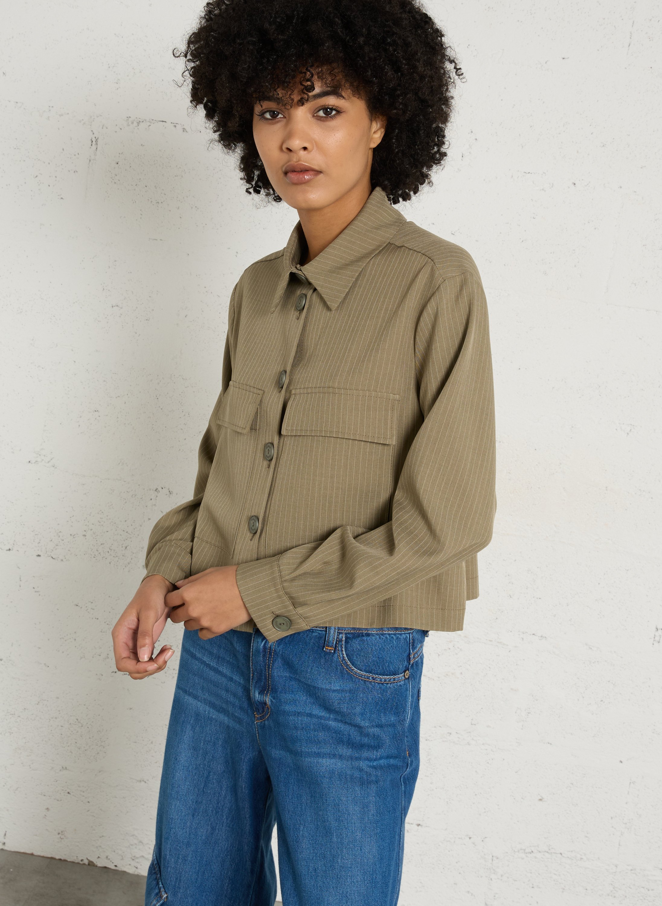 Straight coat with classic collar in stripes PLEASE Khaki