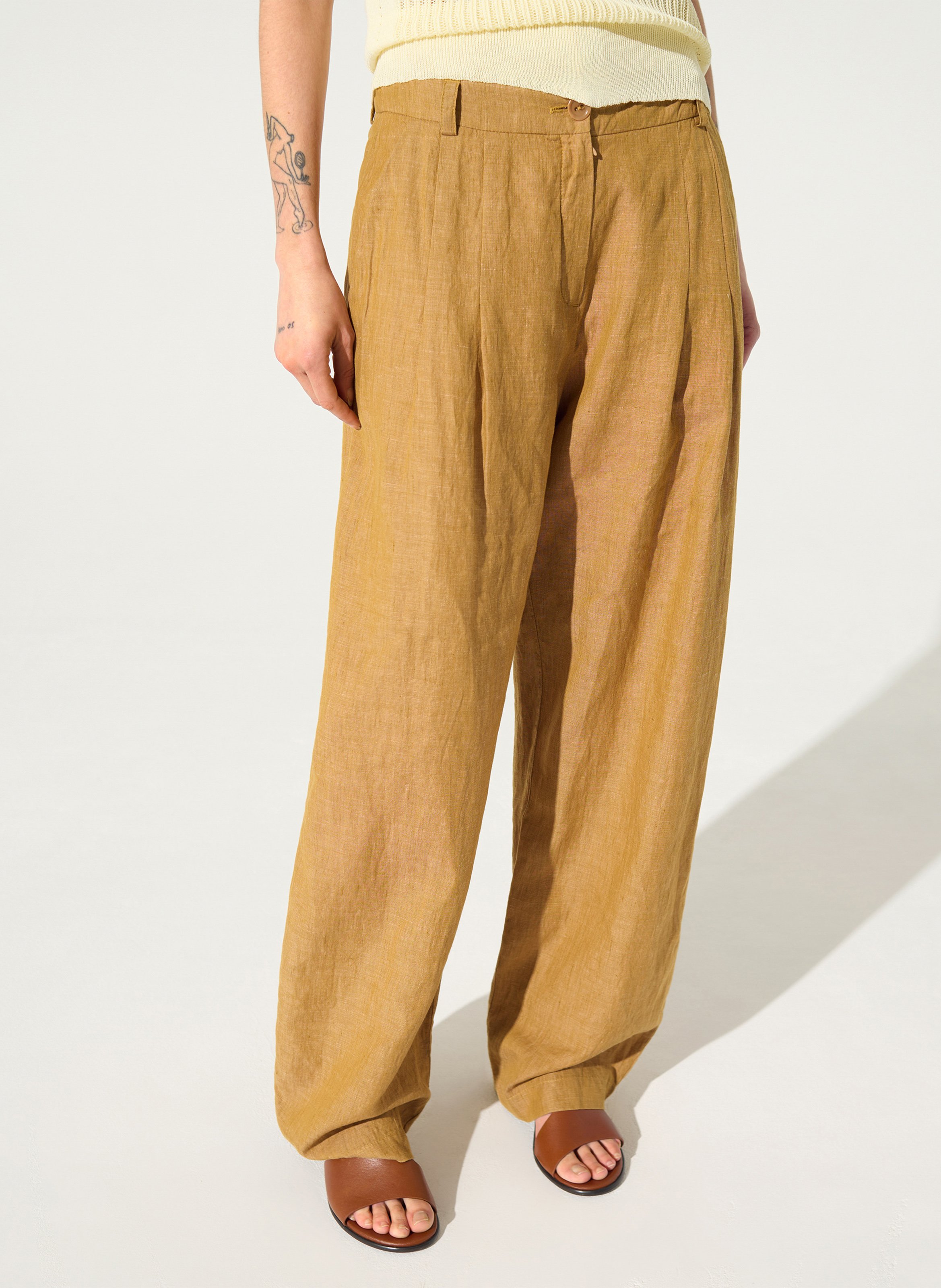 Wide leg pants in linen and cotton blend COTELAC Brown