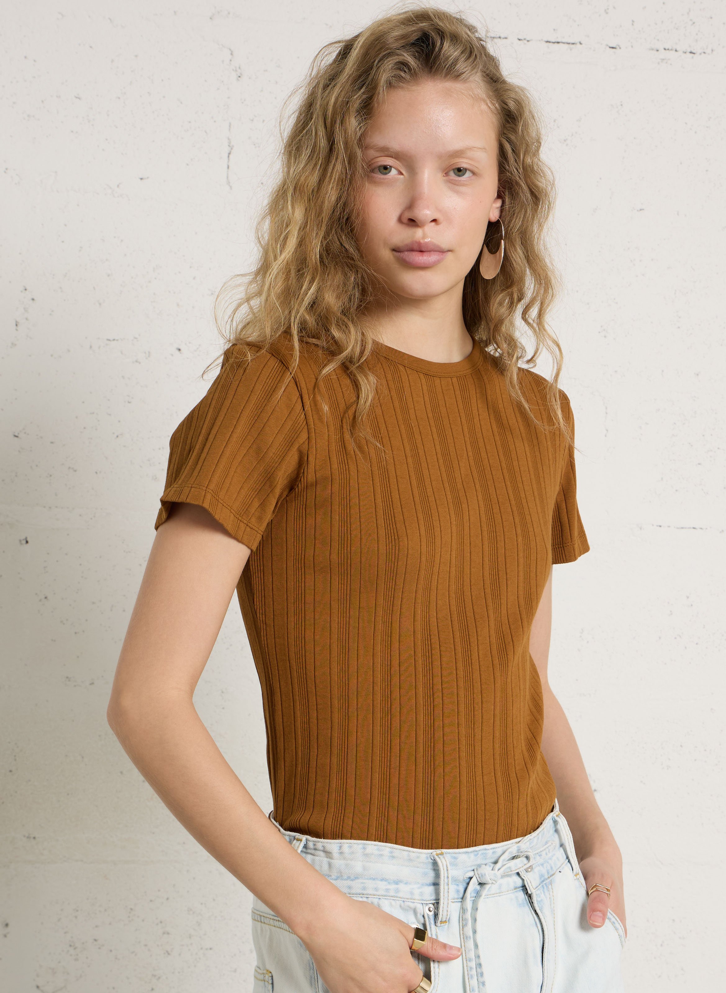 Tee-shirt droit col rond en coton BENSIMON Marron