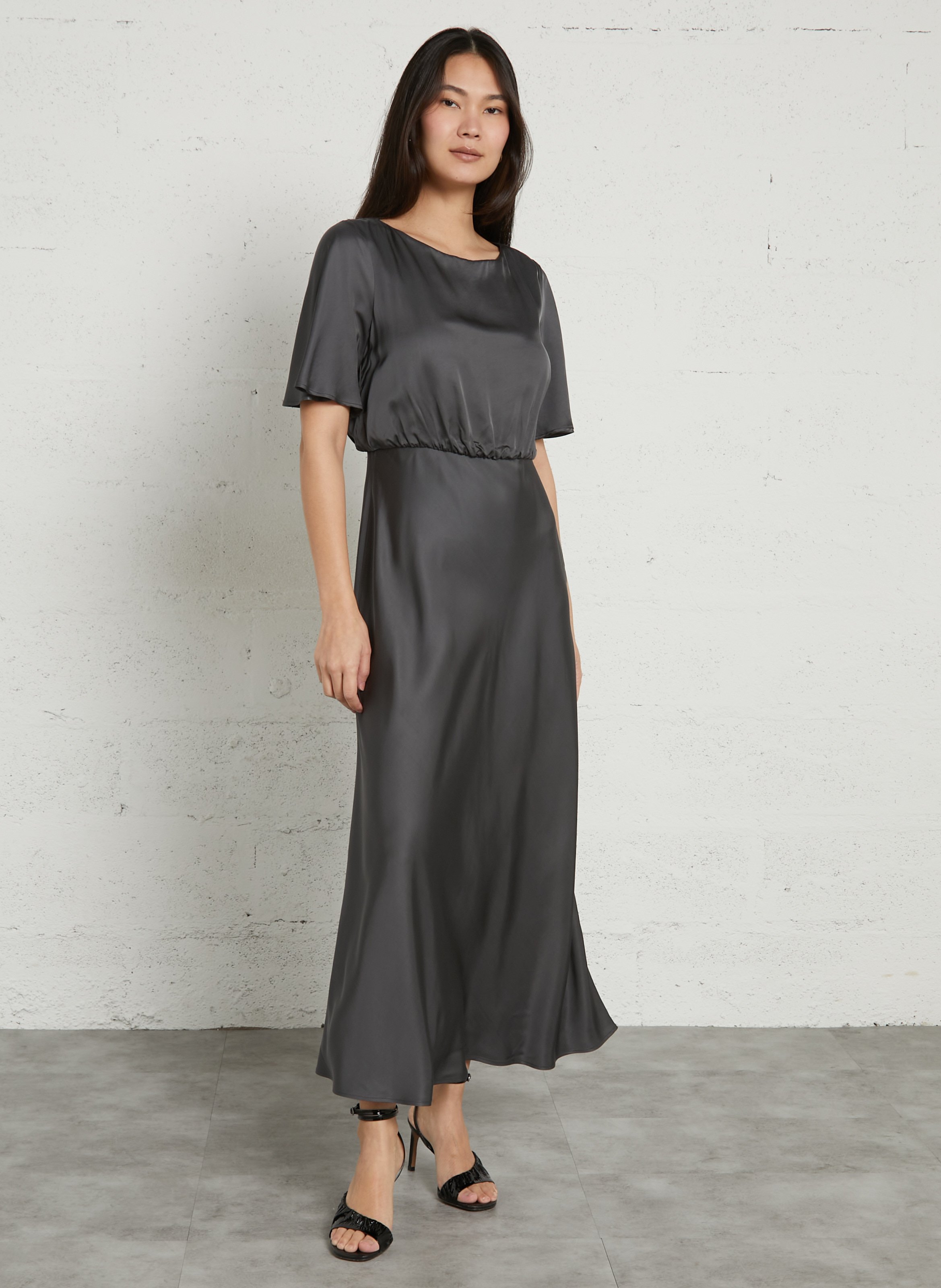 Long satin round neck dress MAISON 123 Grey