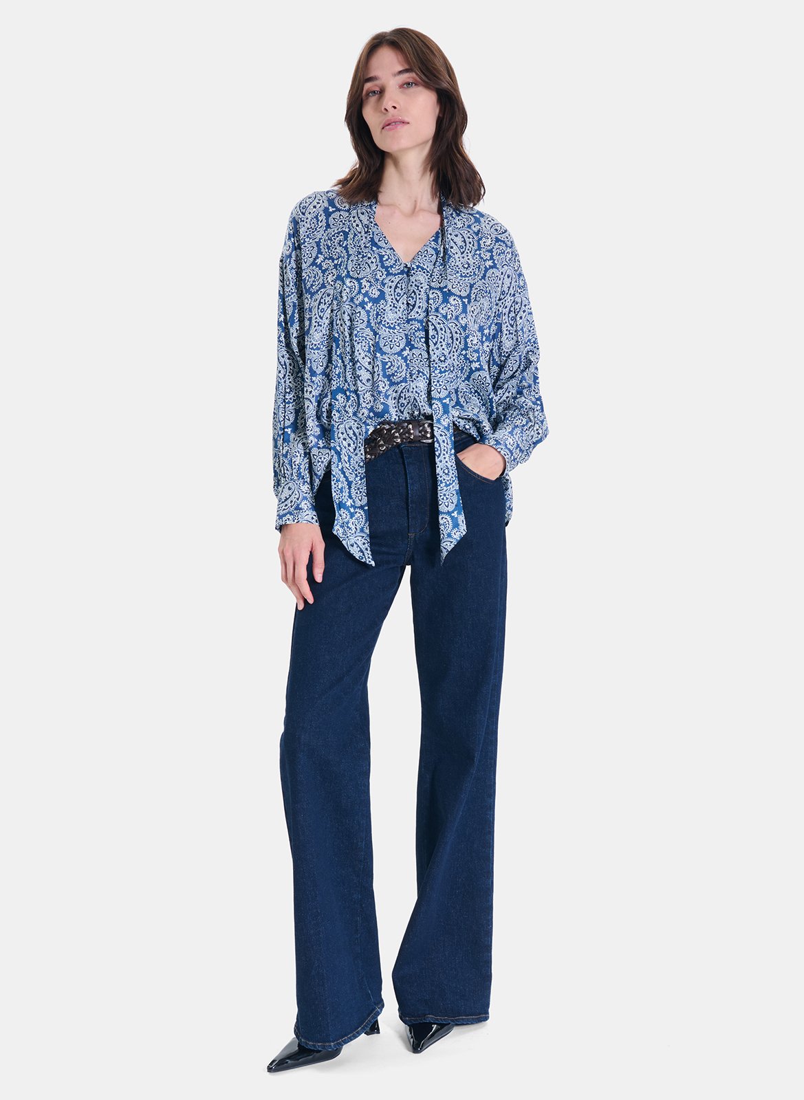 Ruime blouse met lavallière kraag en print ZAPA Blauw