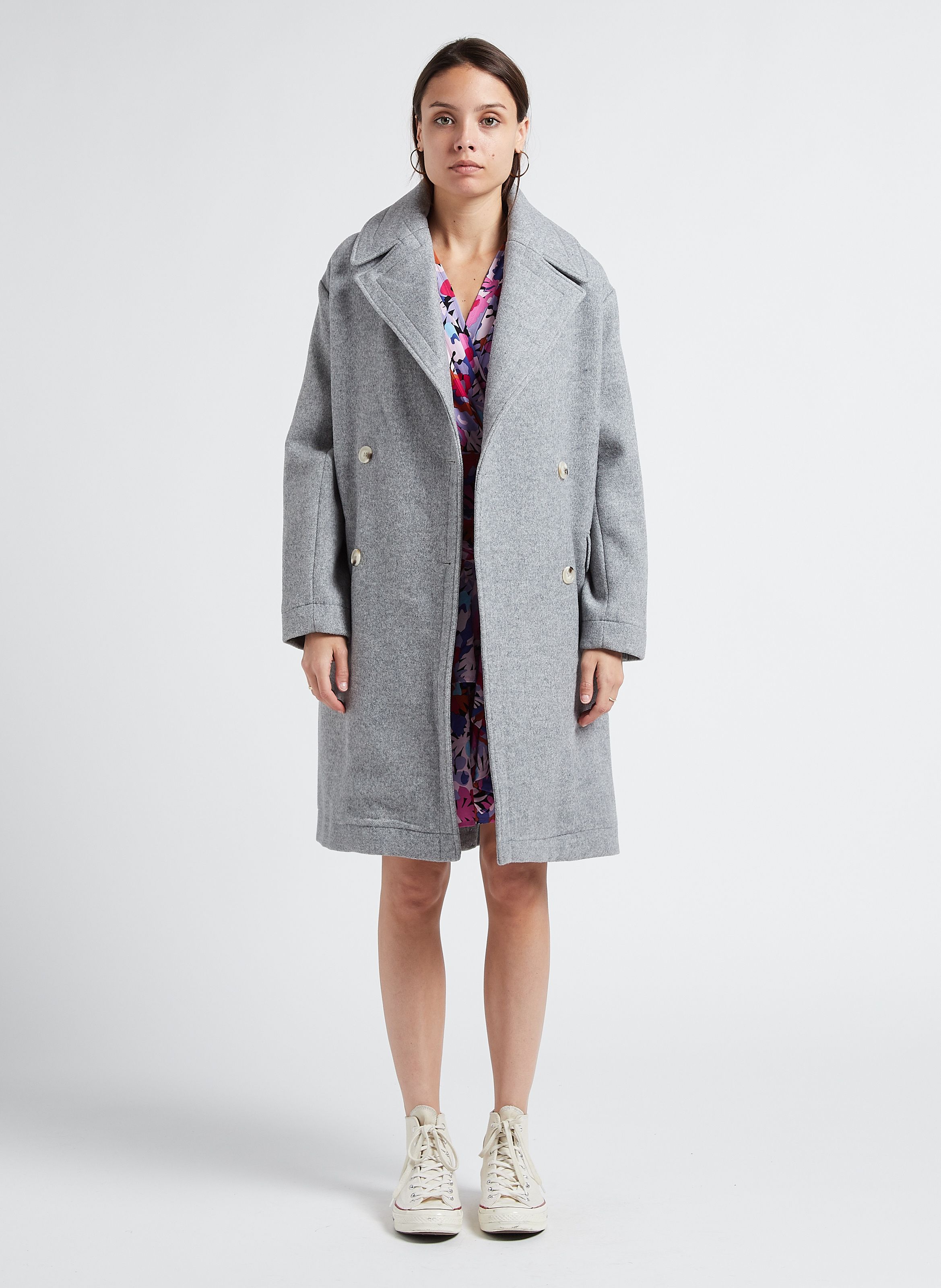 Mid-length Wool-blend Coat With Classic Collar Gris Chine Suncoo