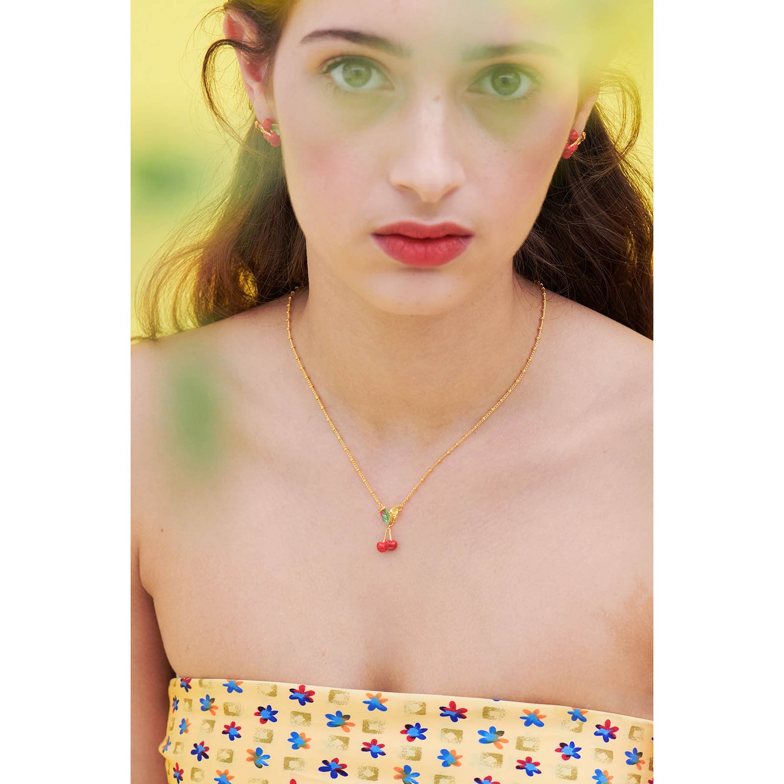 Cherry and Leaves Pendant Necklace LES NEREIDES Red