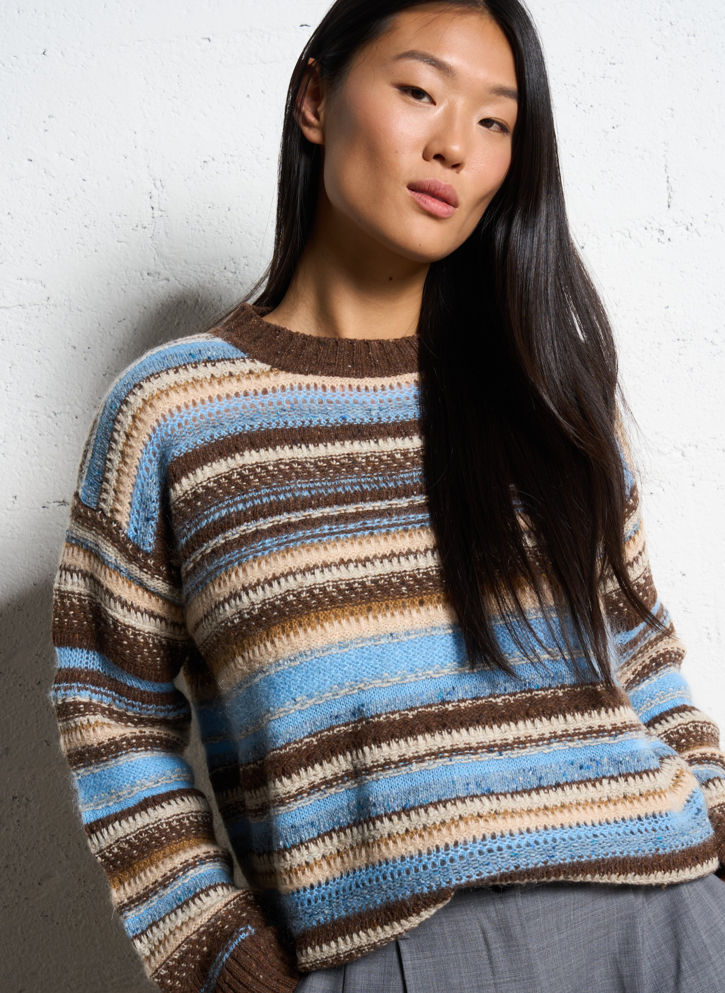 Pull large à rayures en laine mélangée MOMONI Marron