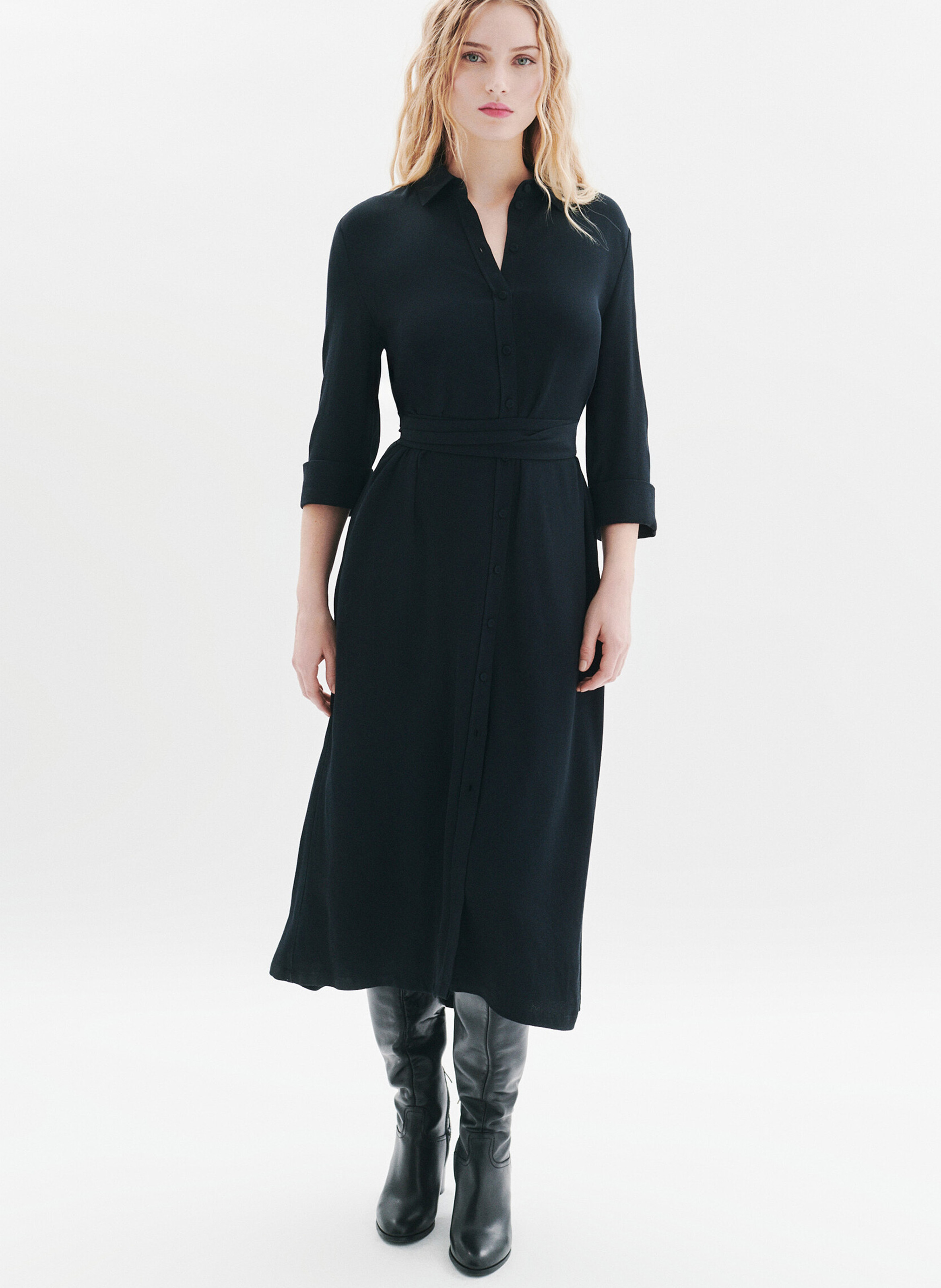 Robe midi col classique  CAROLL Noir