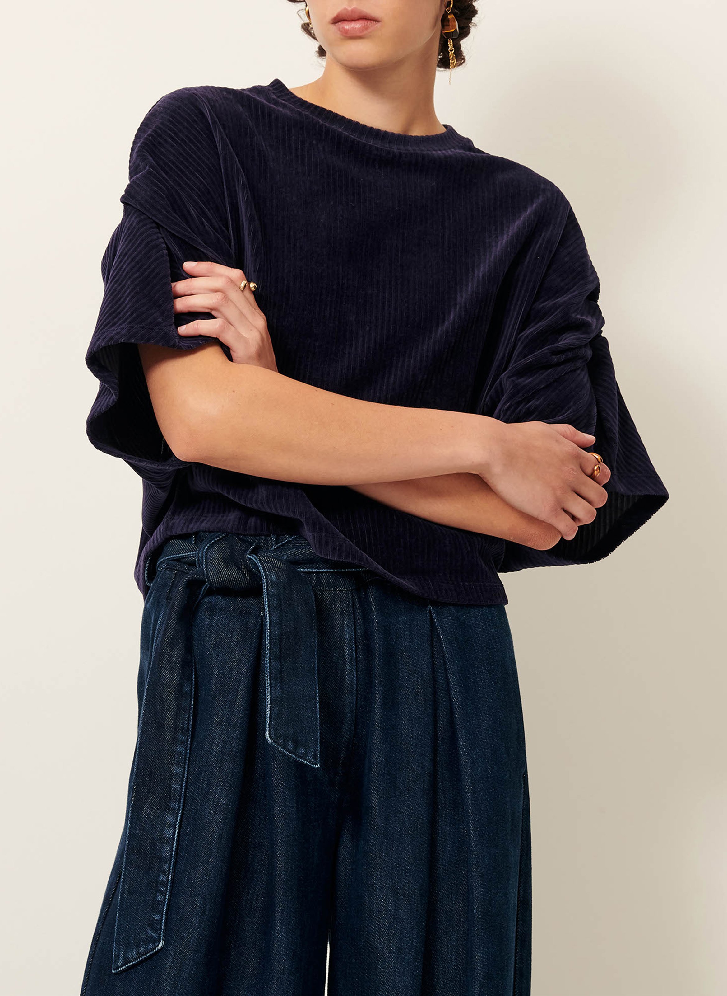 Top ample col rond en coton mélangé SESSUN Bleu