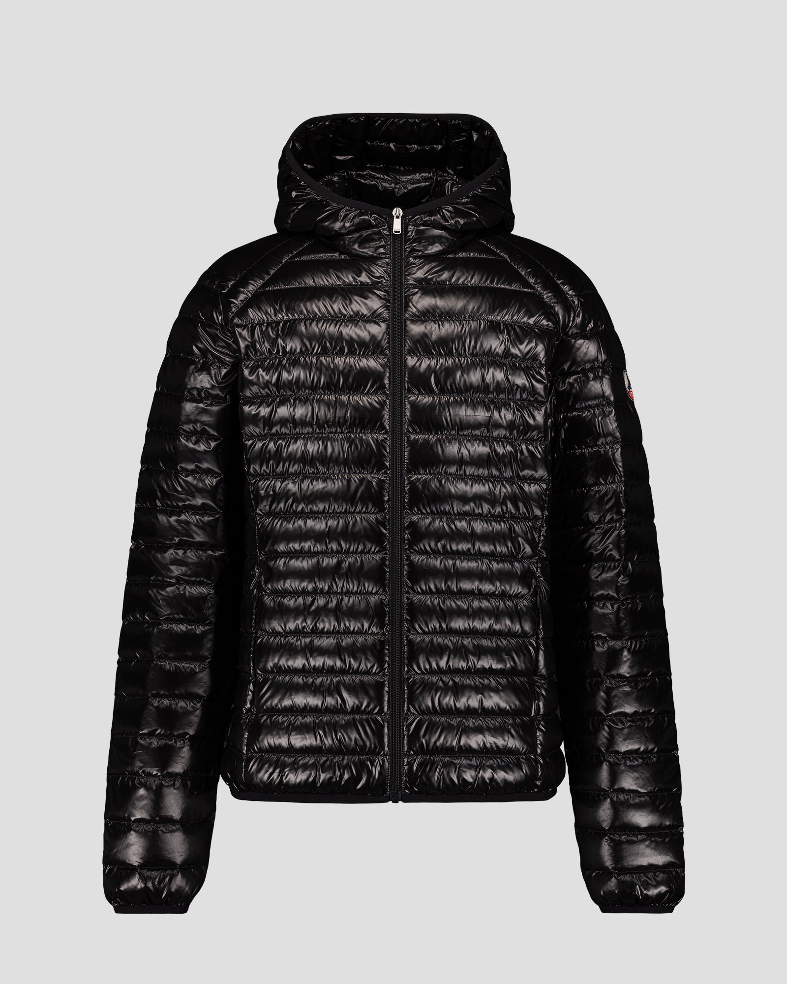 Shiny hooded lightweight down jacket. JOTT Black