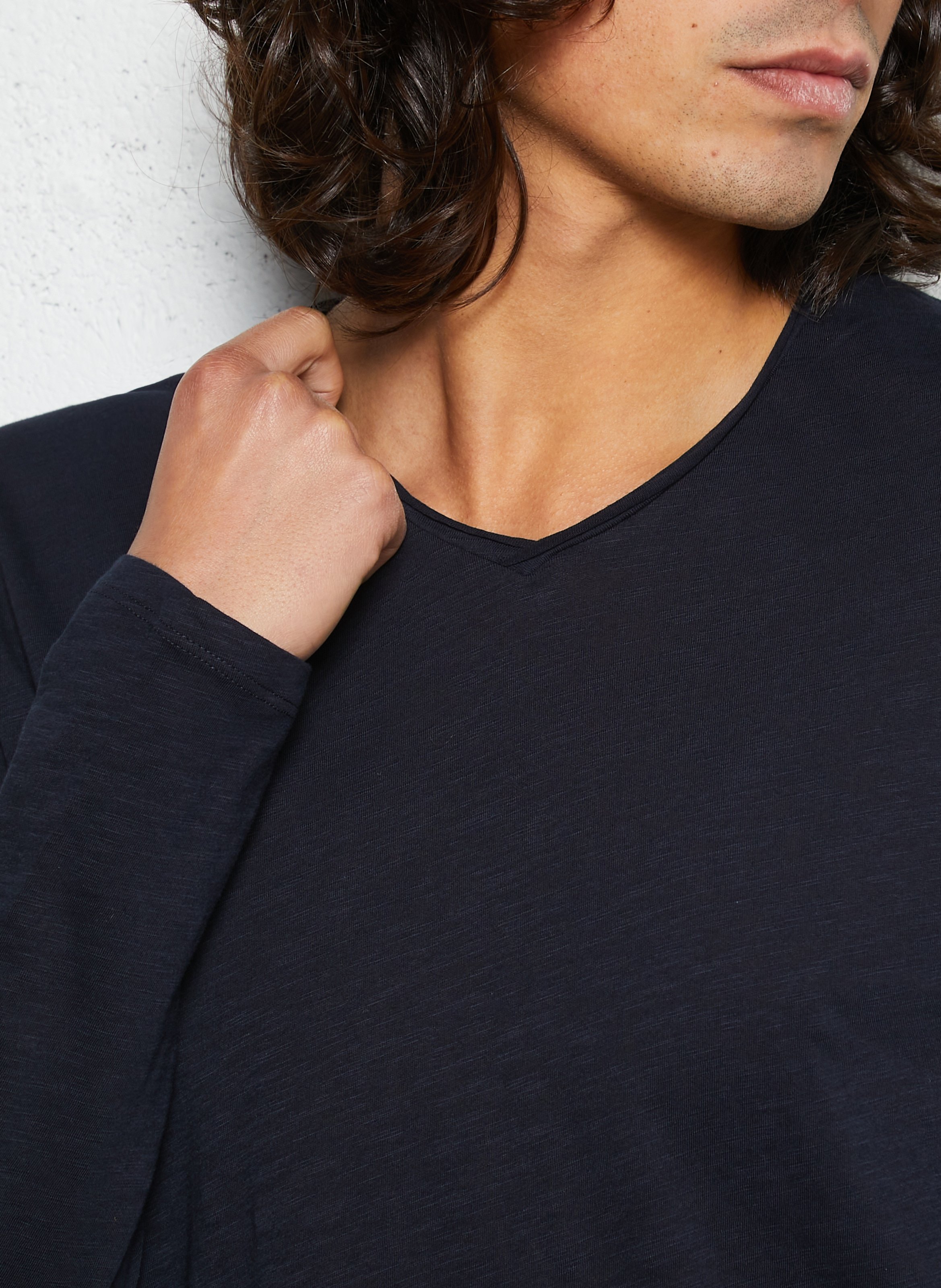 Straight V-neck cotton t-shirt IKKS Blue