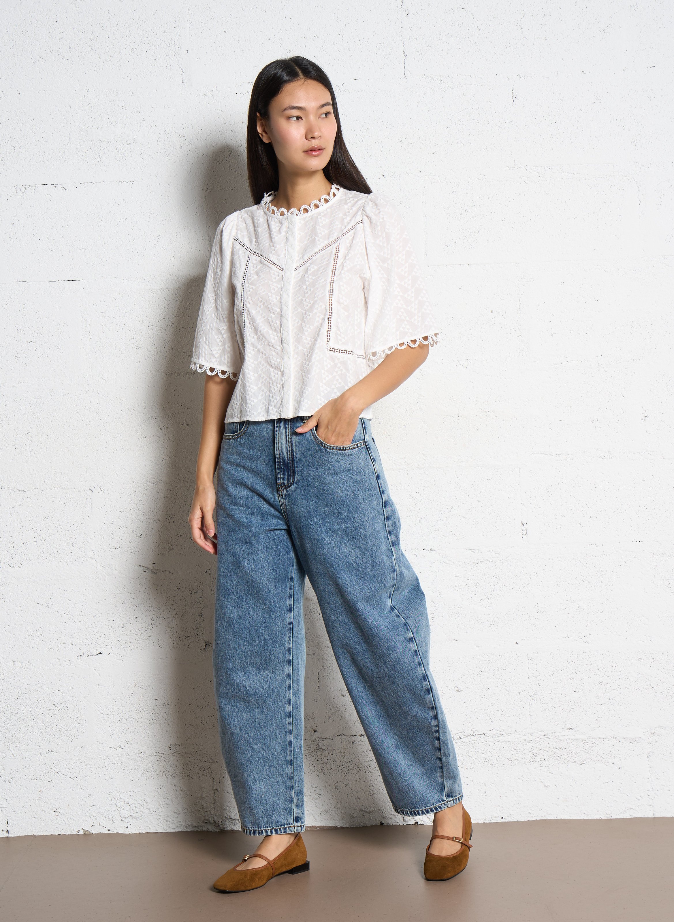 Baumwollbluse mit Rundhalsausschnitt SUNCOO Weiss