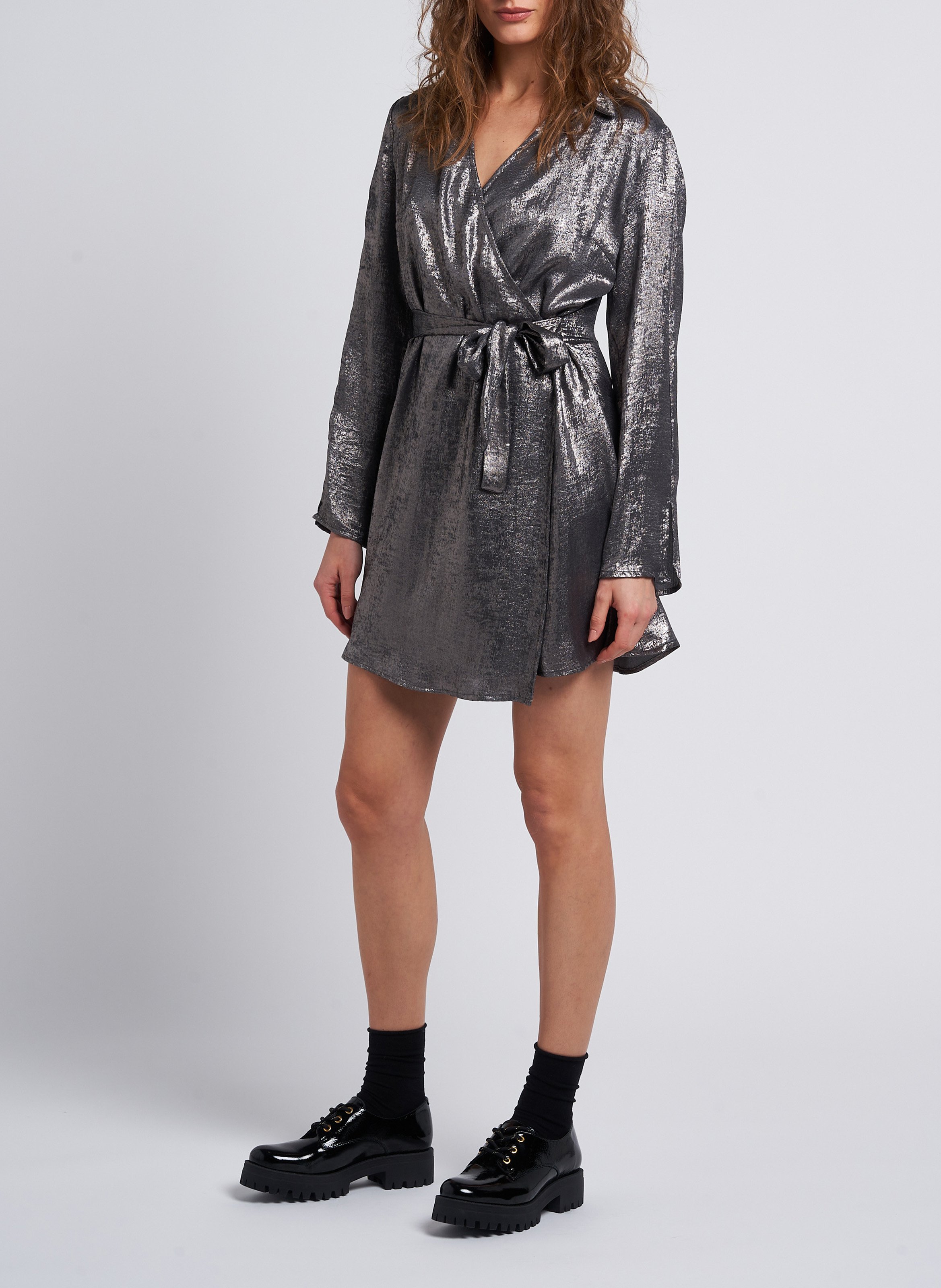 Short metallic-look V-neck dress PLEASE Grey