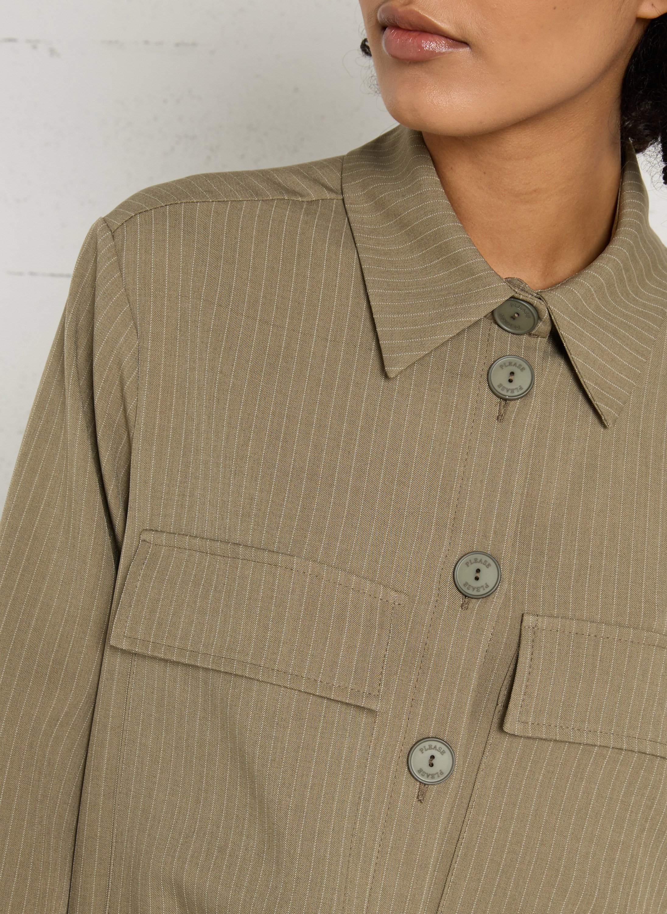 Straight coat with classic collar in stripes PLEASE Khaki
