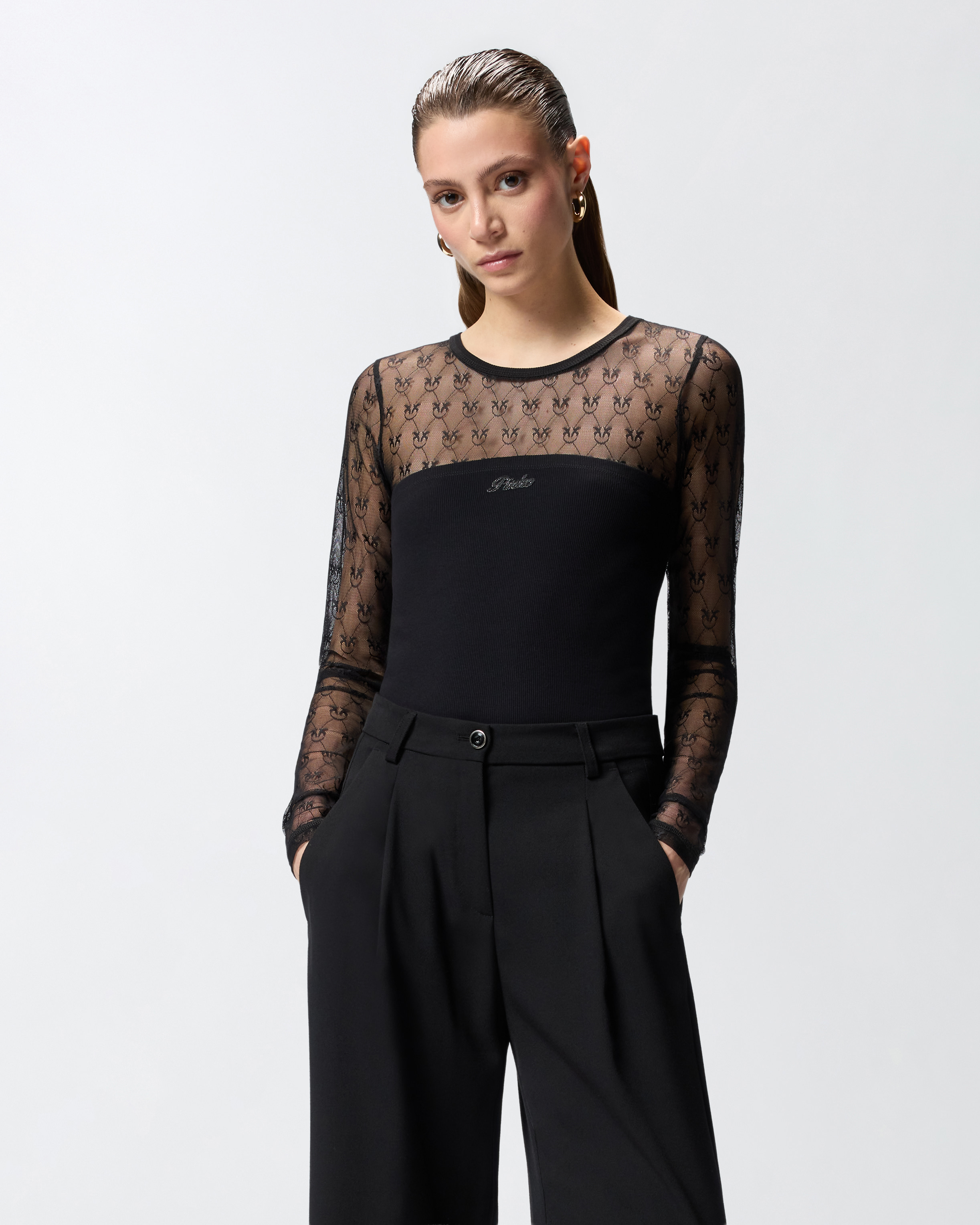 Jersey T-shirt with lace and logo love birds PINKO Black