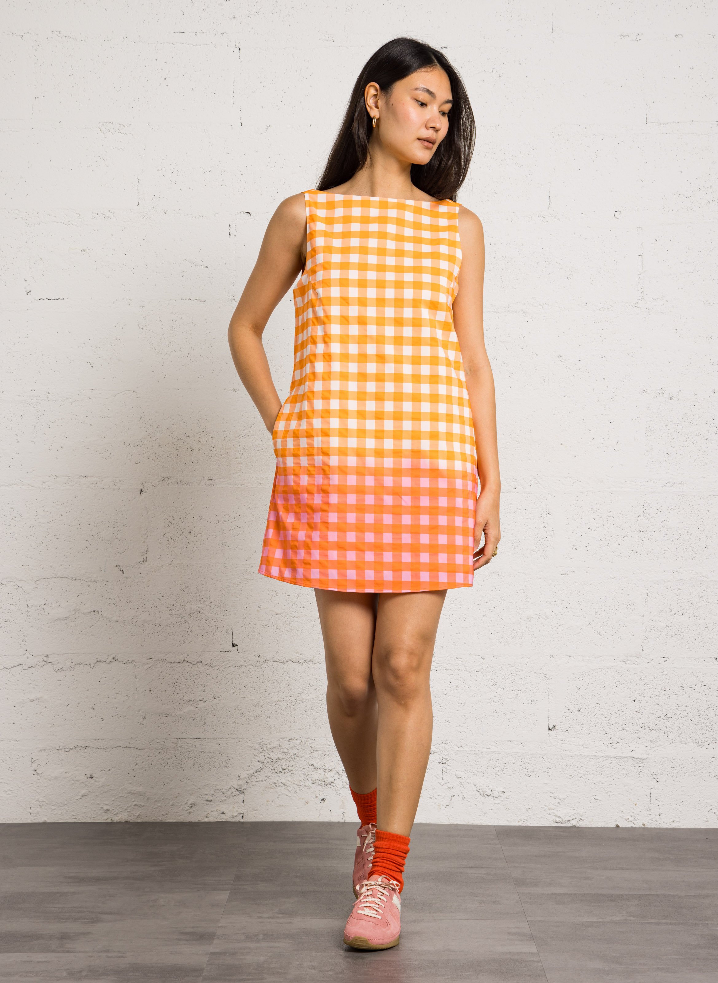 Langes, bedrucktes Kleid mit Rundhalsausschnitt DR BLOOM Orange