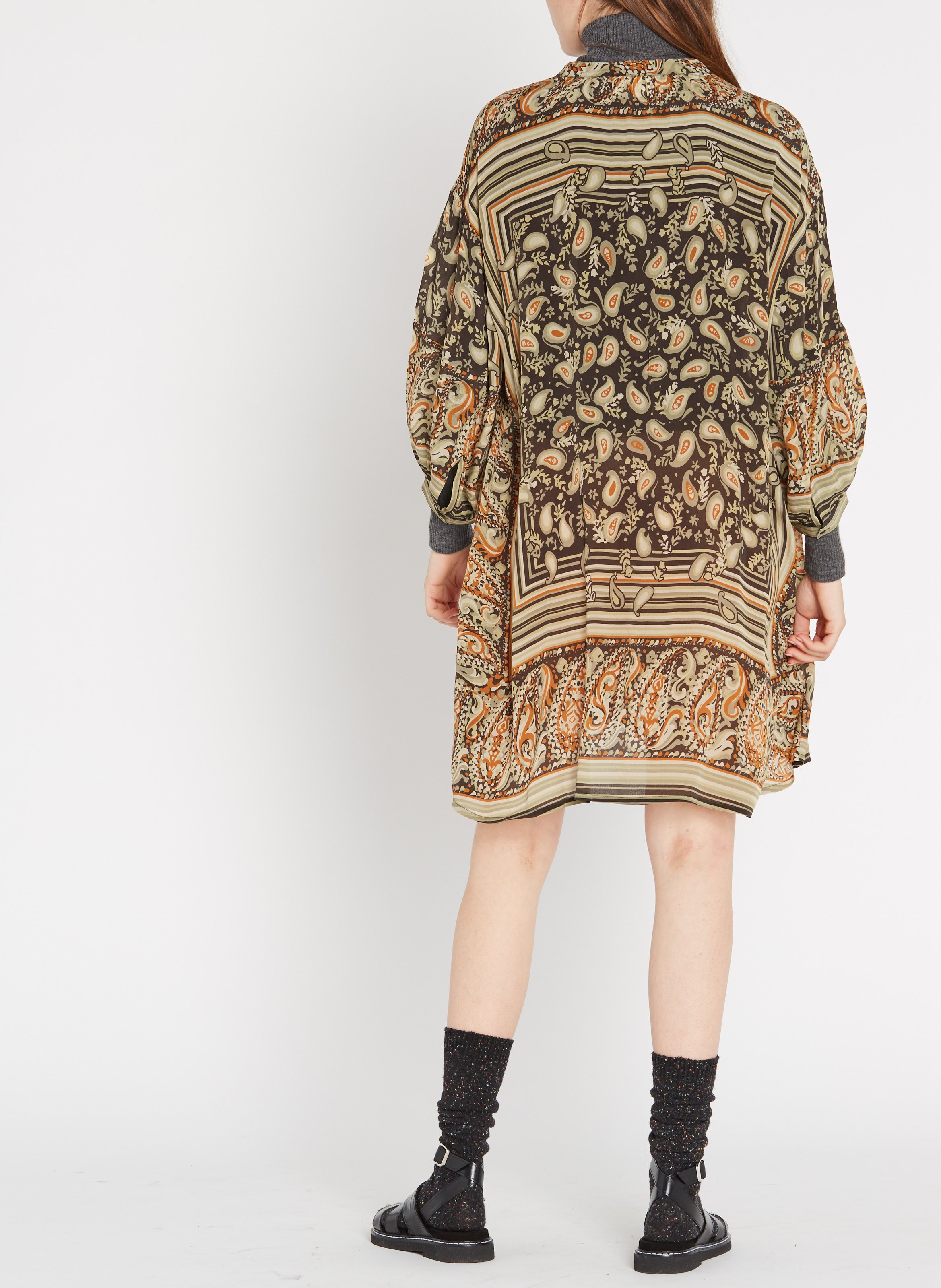 Robe courte col V imprimée en crêpe avec ceinture SWILDENS Kaki