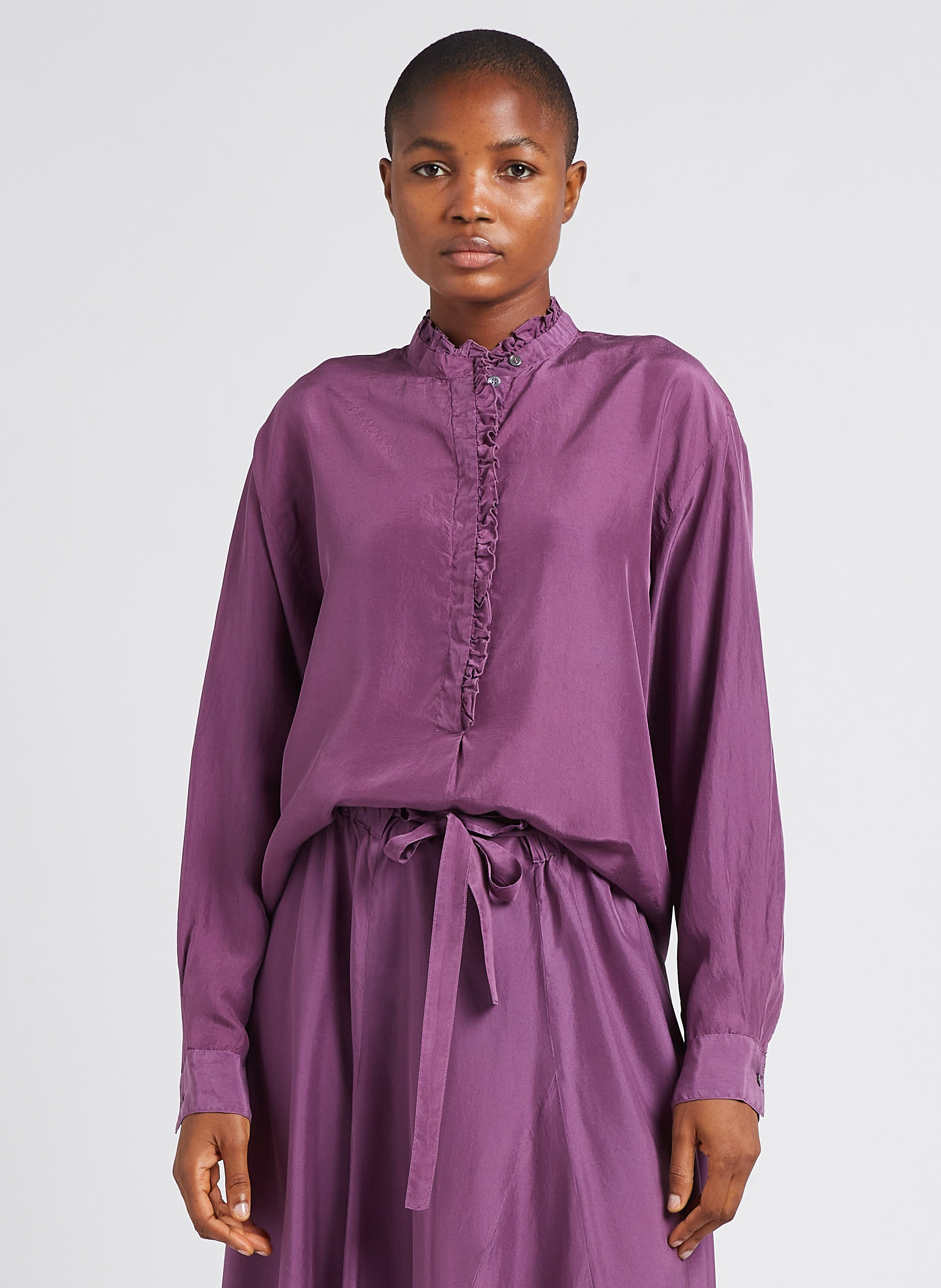 Straight silk blouse with Victorian collar POMANDERE Purple