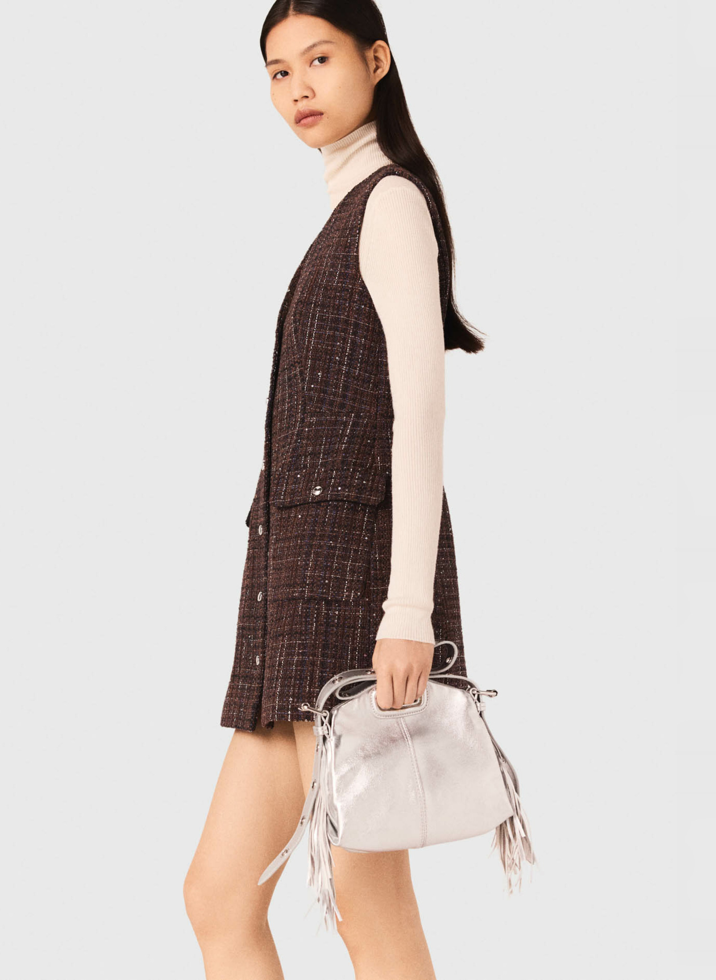 Robe courte en tweed col V MAJE Marron