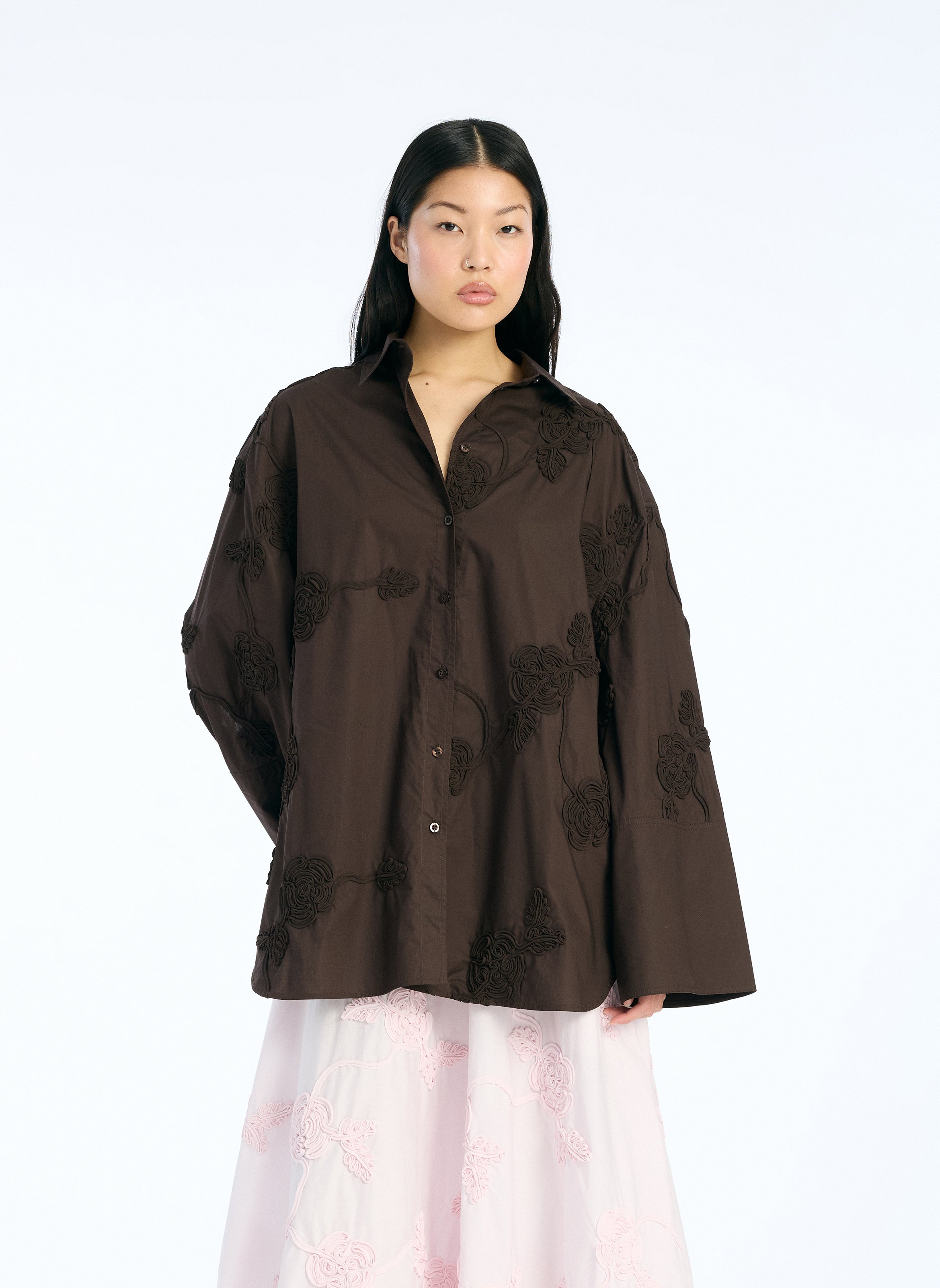 Chemise col classique manches contrastantes en coton ROTATE Brown