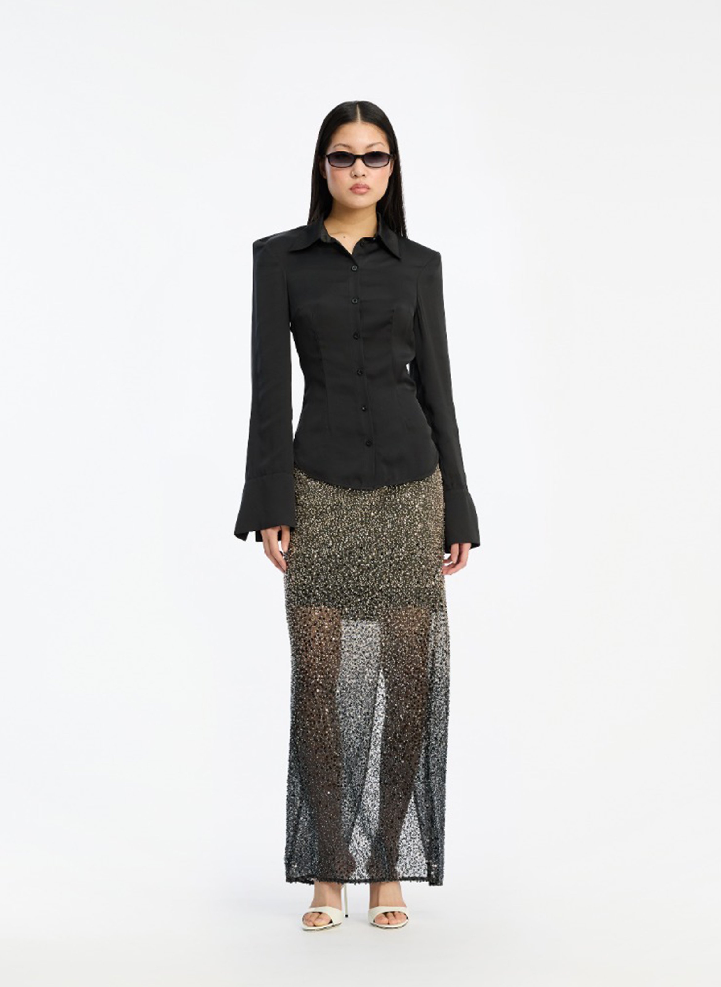 Jupe longue à sequins ROTATE Marron