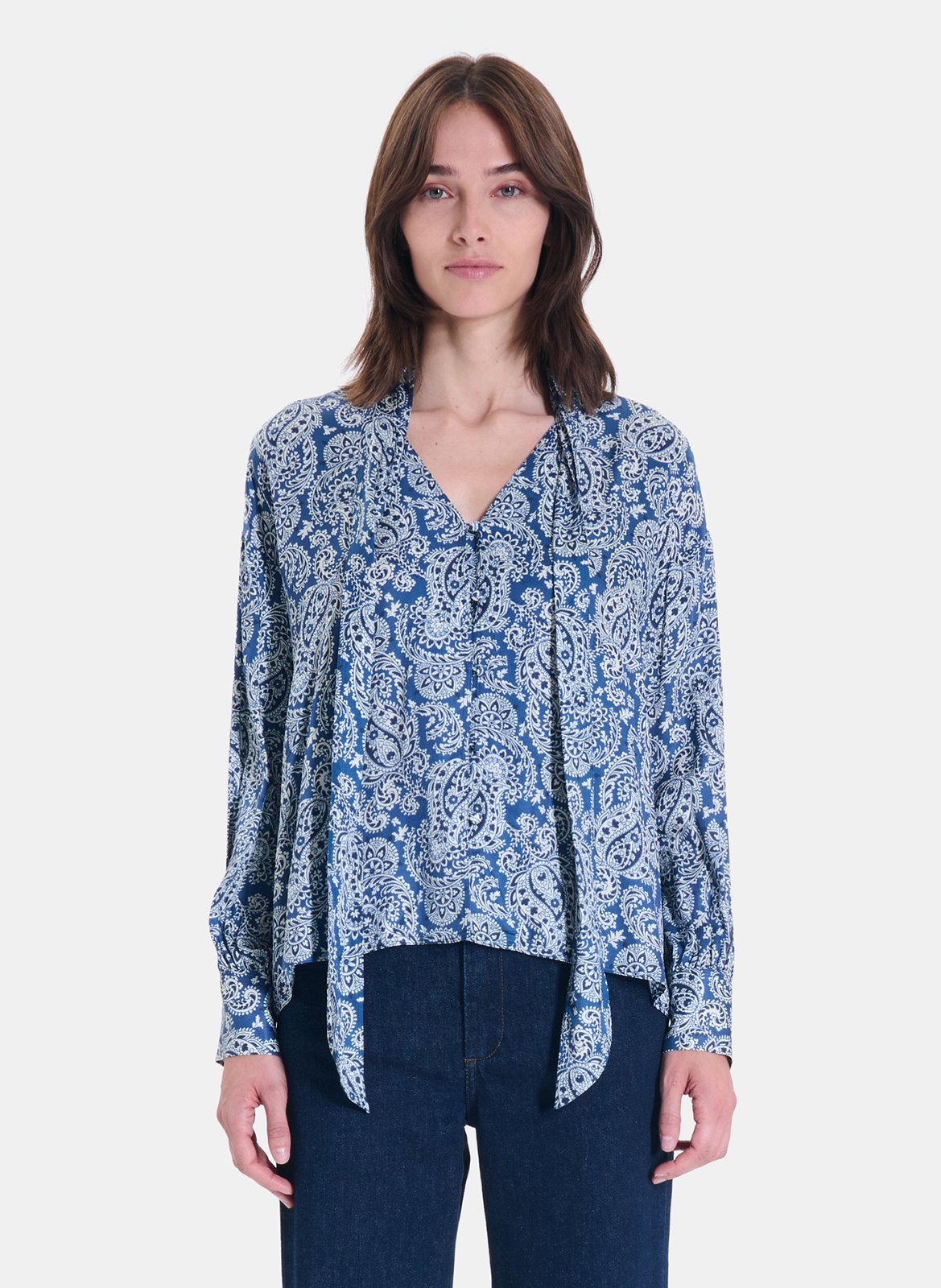 Ruime blouse met lavallière kraag en print ZAPA Blauw