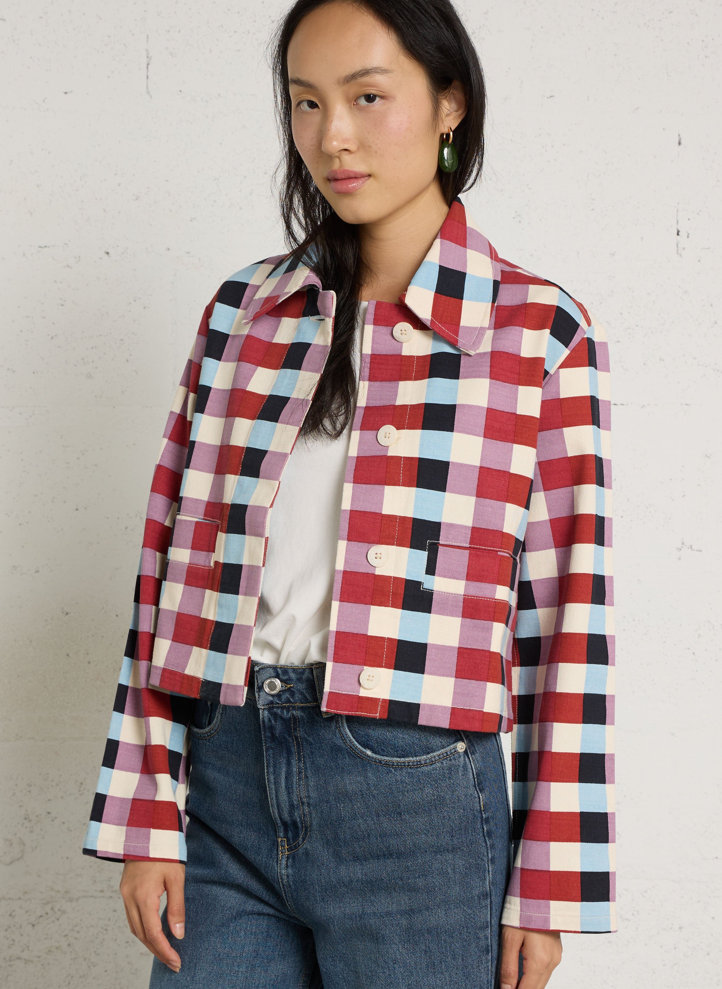 Short checkered jacket in organic cotton THINKING MU Multicolored