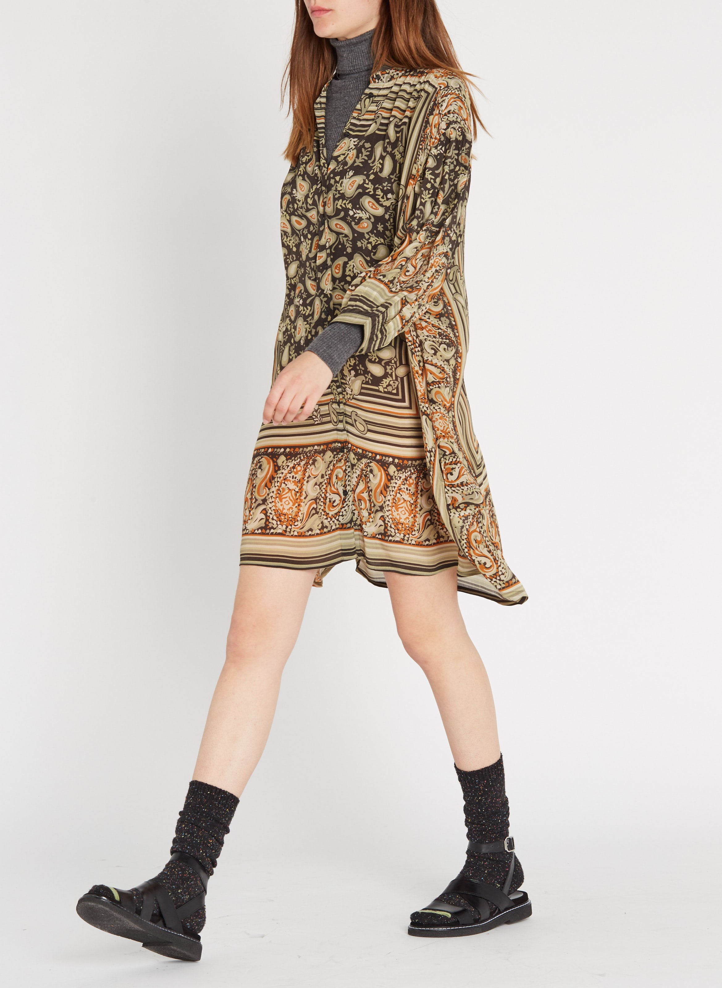 Robe courte col V imprimée en crêpe avec ceinture SWILDENS Kaki