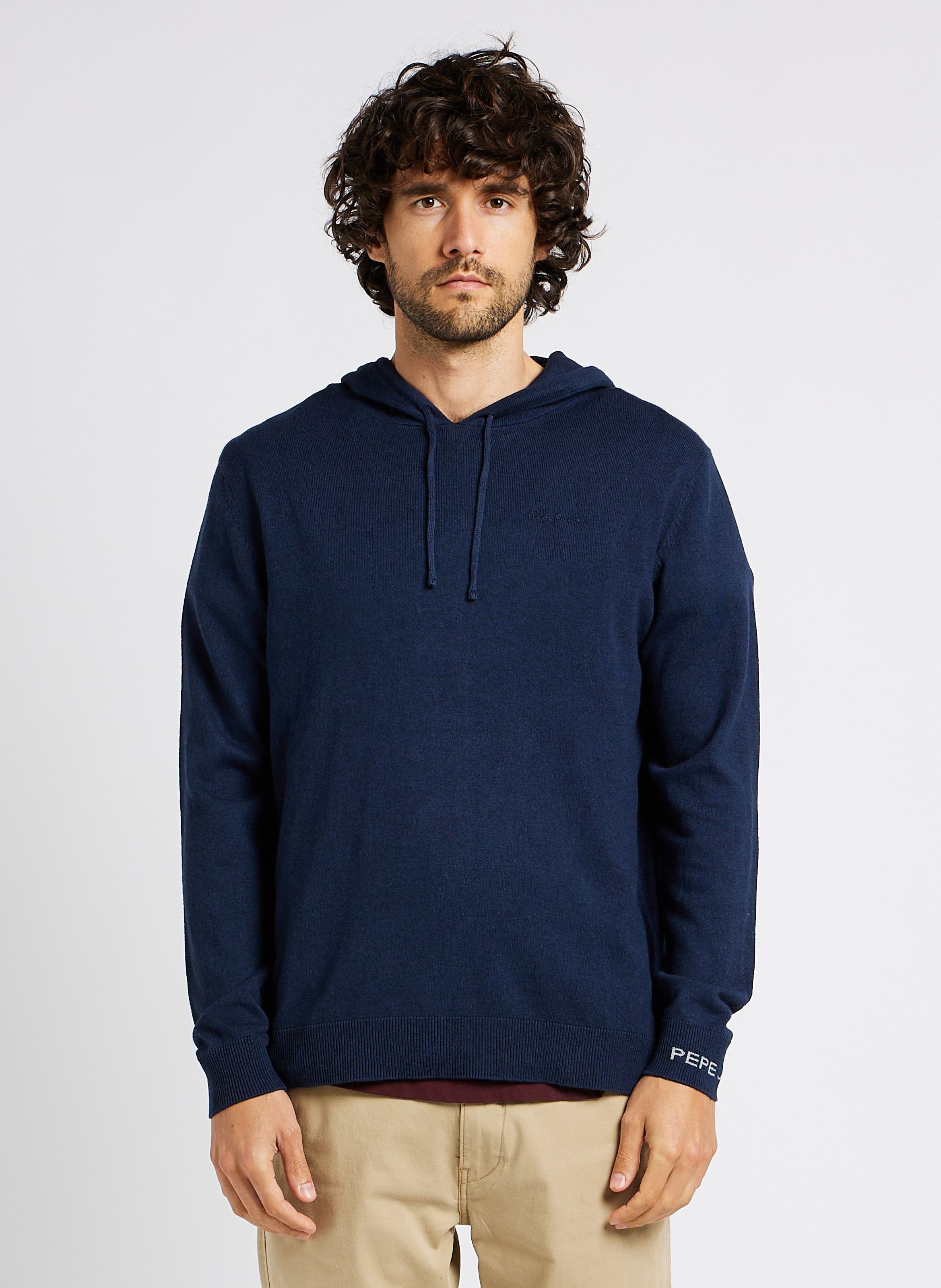 Pull fin capuche en coton m lang Bleu