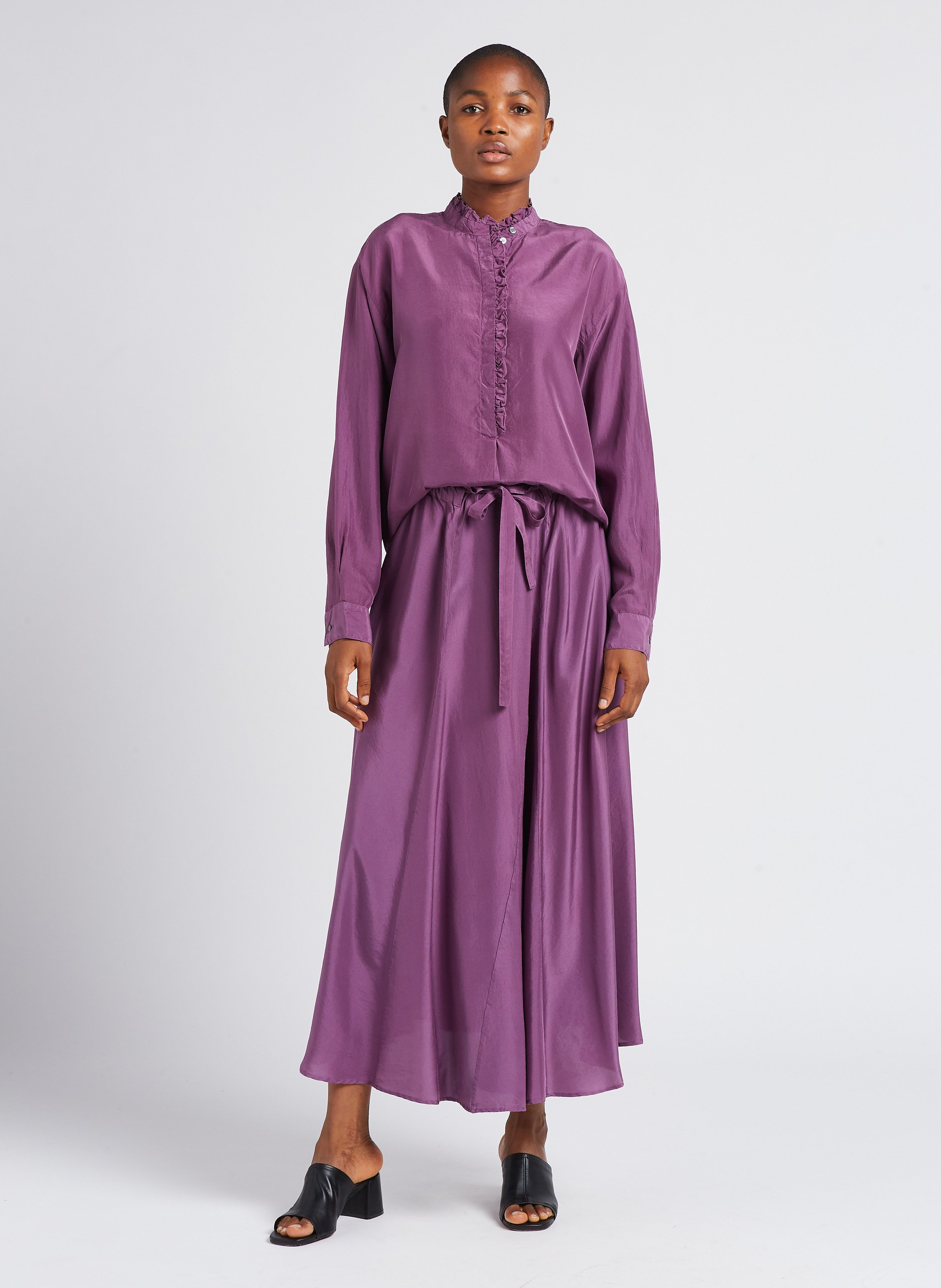 Straight silk blouse with Victorian collar POMANDERE Purple