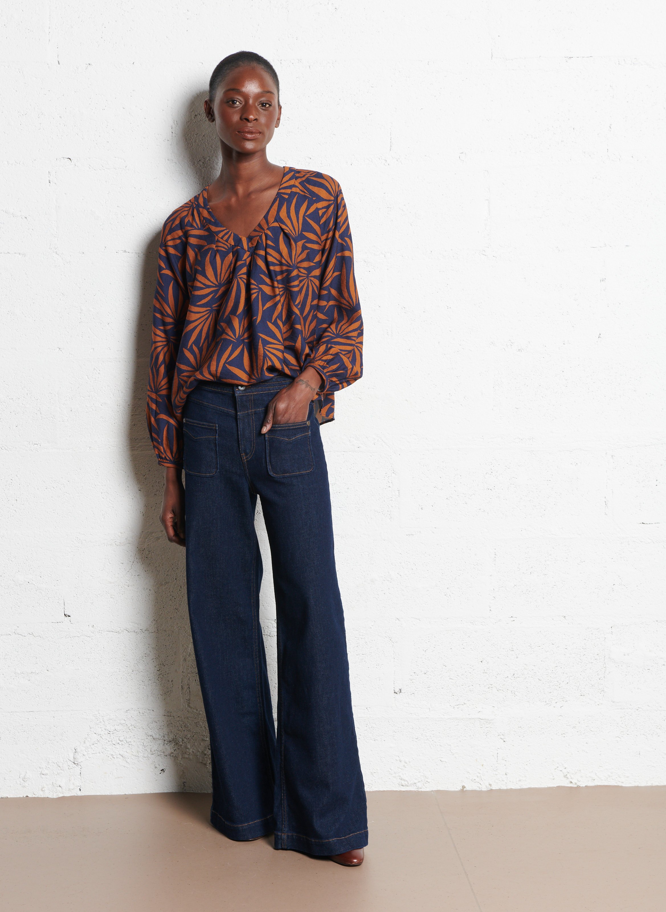 Blouse col V imprimée ONE STEP Bleu