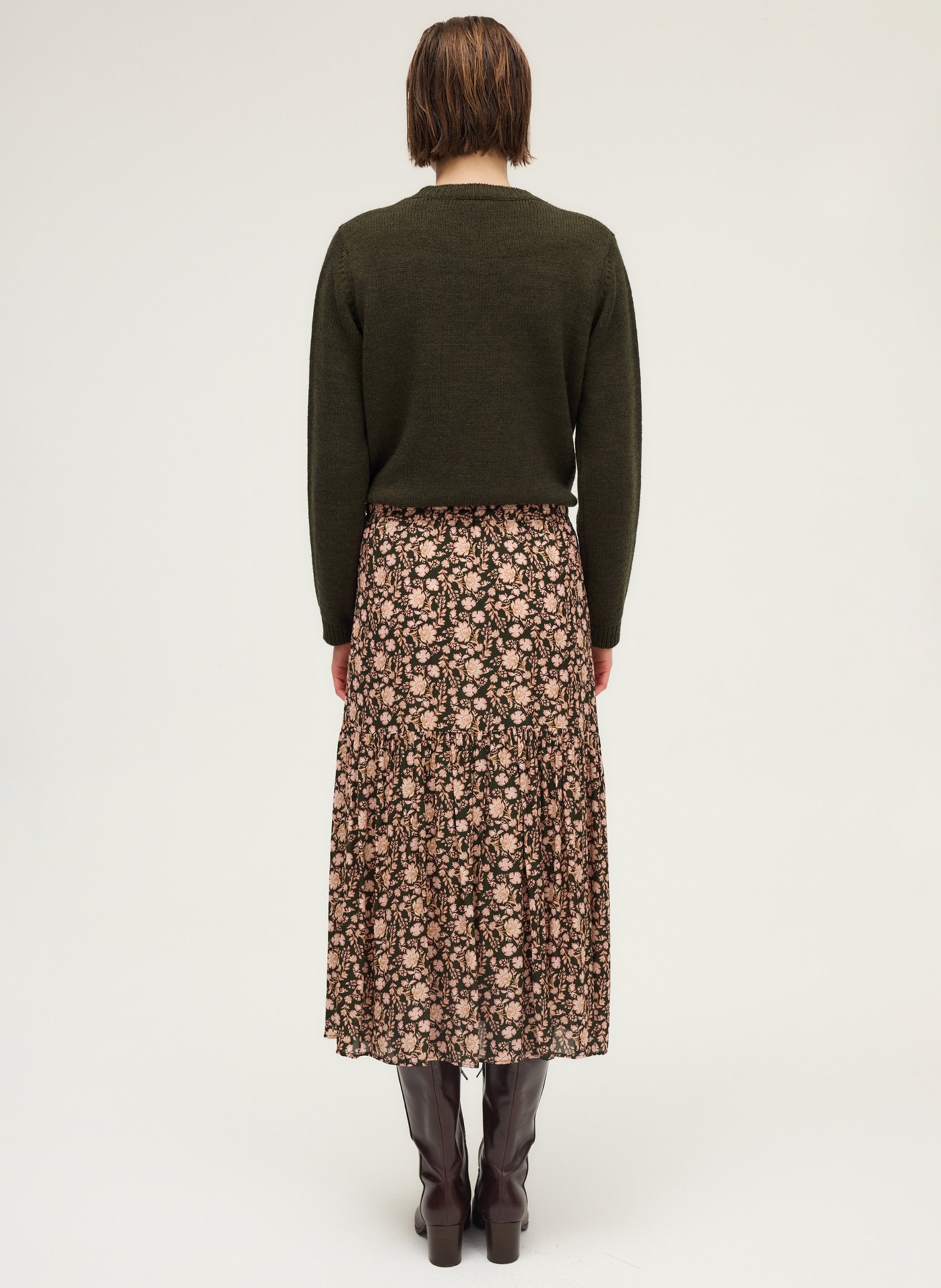 Midi skirt with botanical print PABLO Khaki