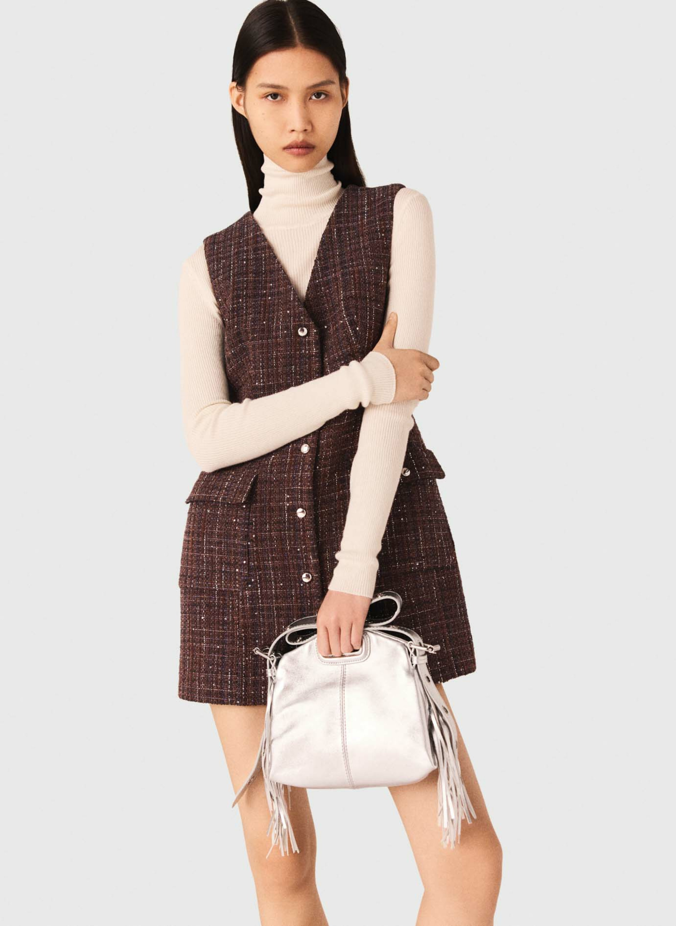 Robe courte en tweed col V MAJE Marron