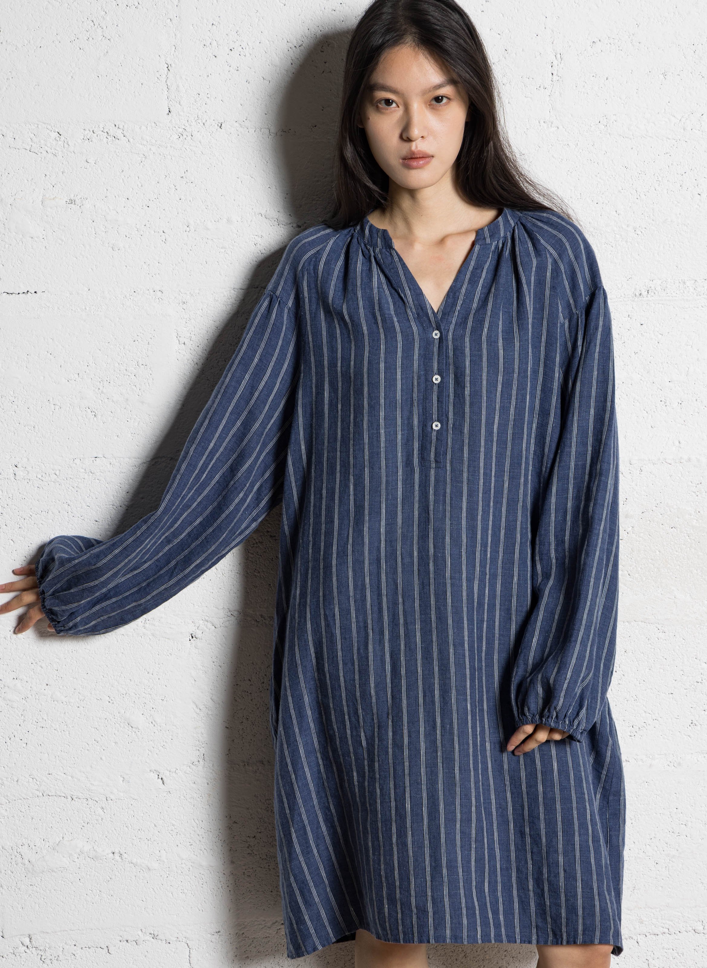 Korte jurk van linnen met Tunesische kraag JC SOPHIE Blauw