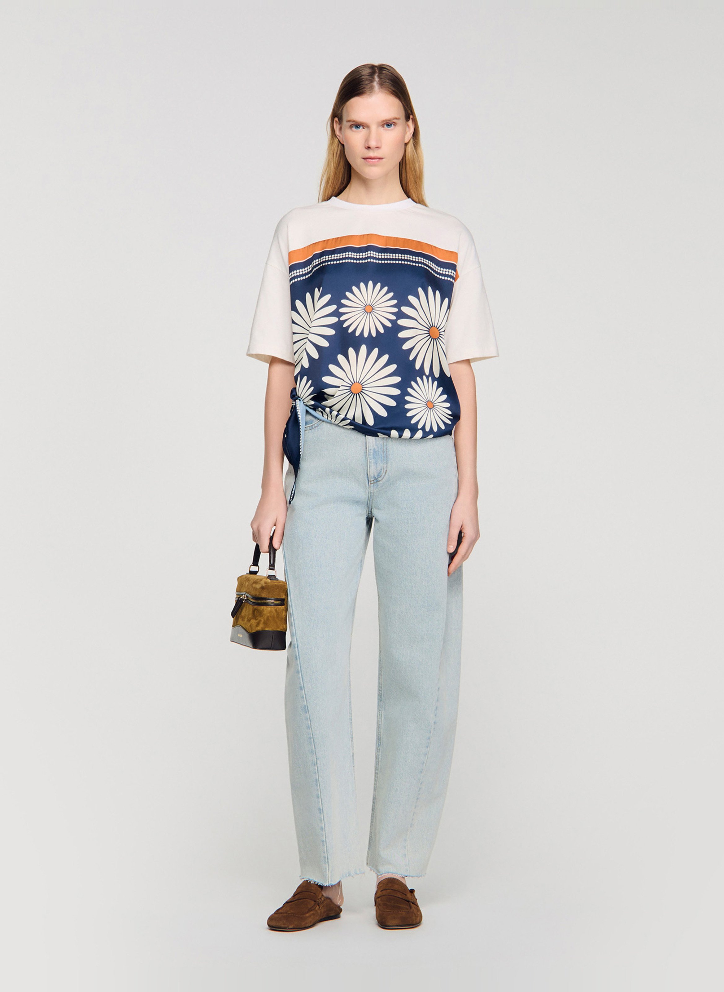 Oversized, katoenen T-shirt met ronde hals en print SANDRO Blauw