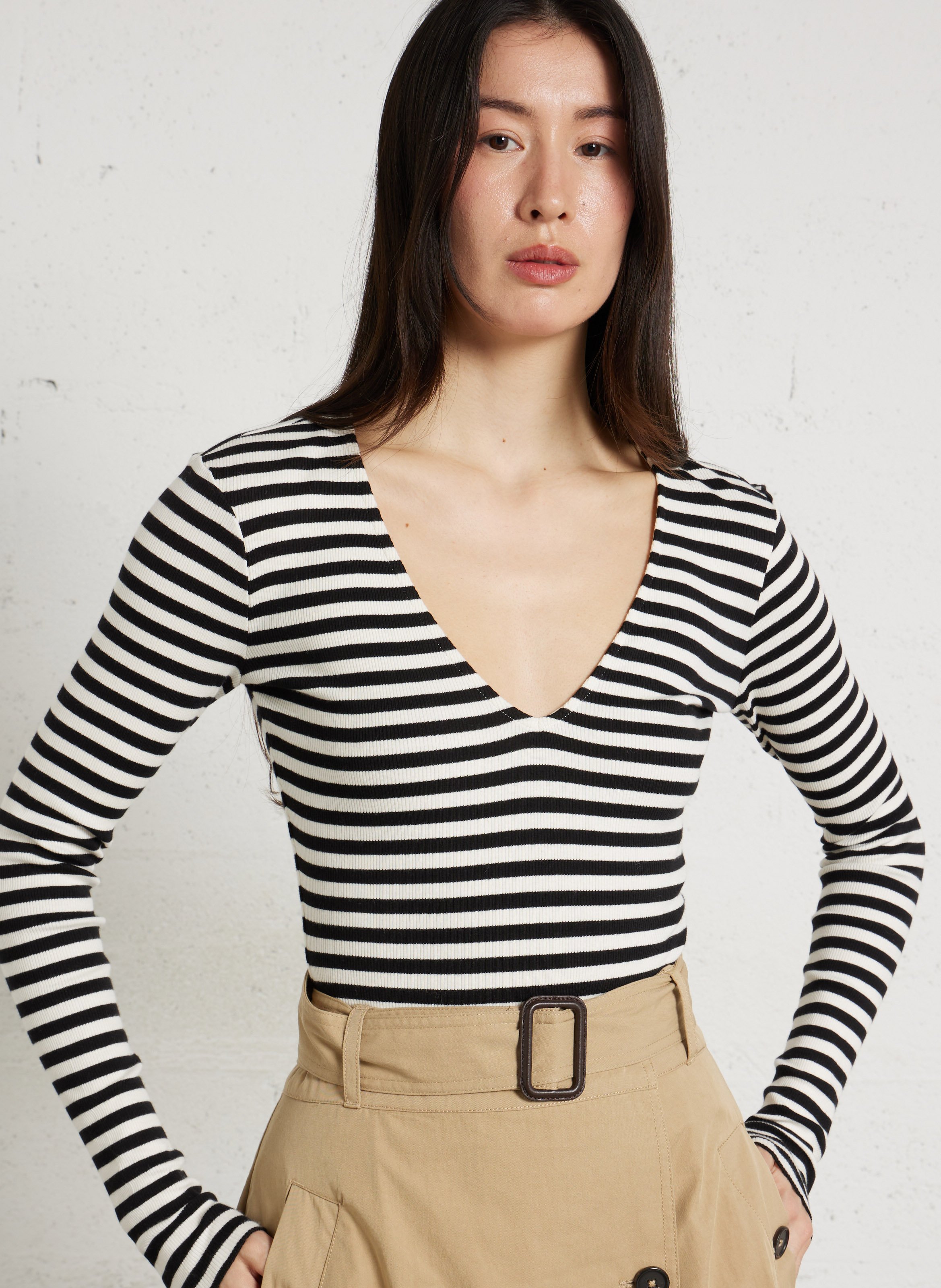 Long-sleeved fitted striped top DES PETITS HAUTS Black